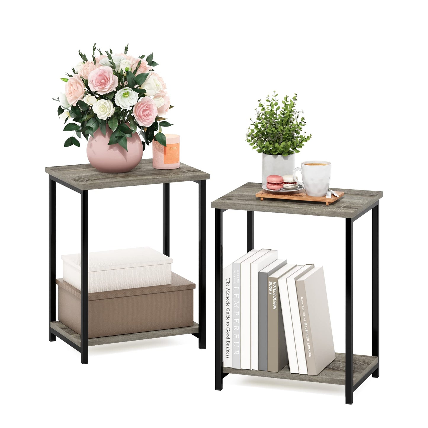 Furinno SIMPLISTIC Side Table Set of 2, 2-Tier Metal Frame End Table with Open Shelf, Night Stand, Bedside Table, for Living Room, Bedroom, French Oak