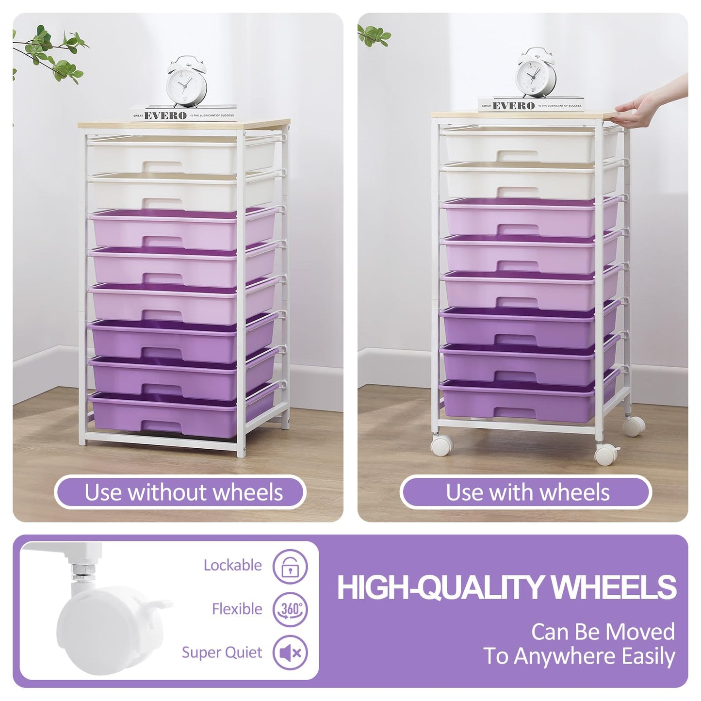 SYKIARIOL 8 Drawers Rolling Storage Trolley, Utility Storage Cart on Lockable Wheels with Plastic Drawers, Multipurpose Mobile Organizer Unit for