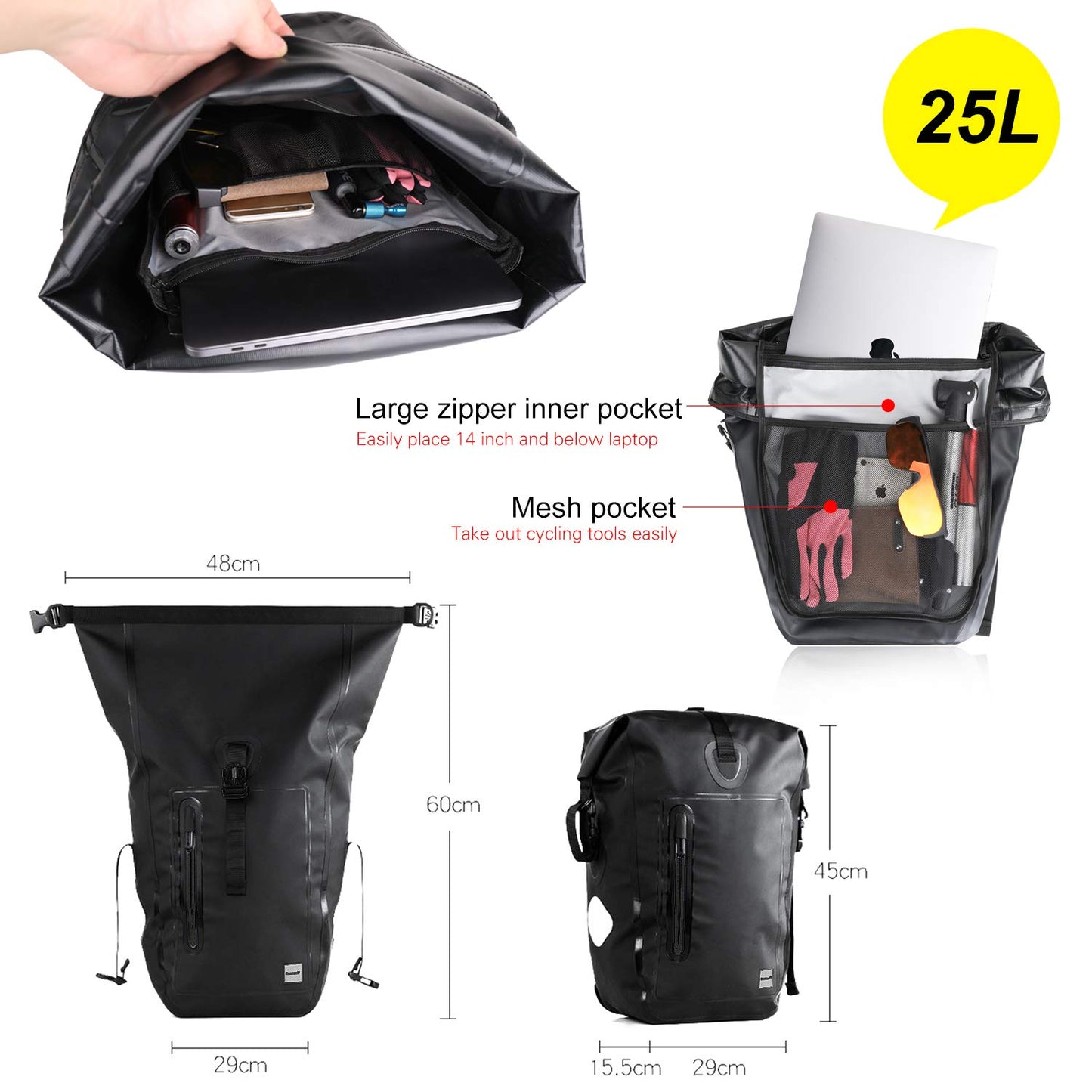 Rhinowalk Waterproof Bike Pannier 25L - Bicycle Cargo Rack Saddle Bag, Shoulder Bag, Laptop Pannier for Professional Cycling Accessories