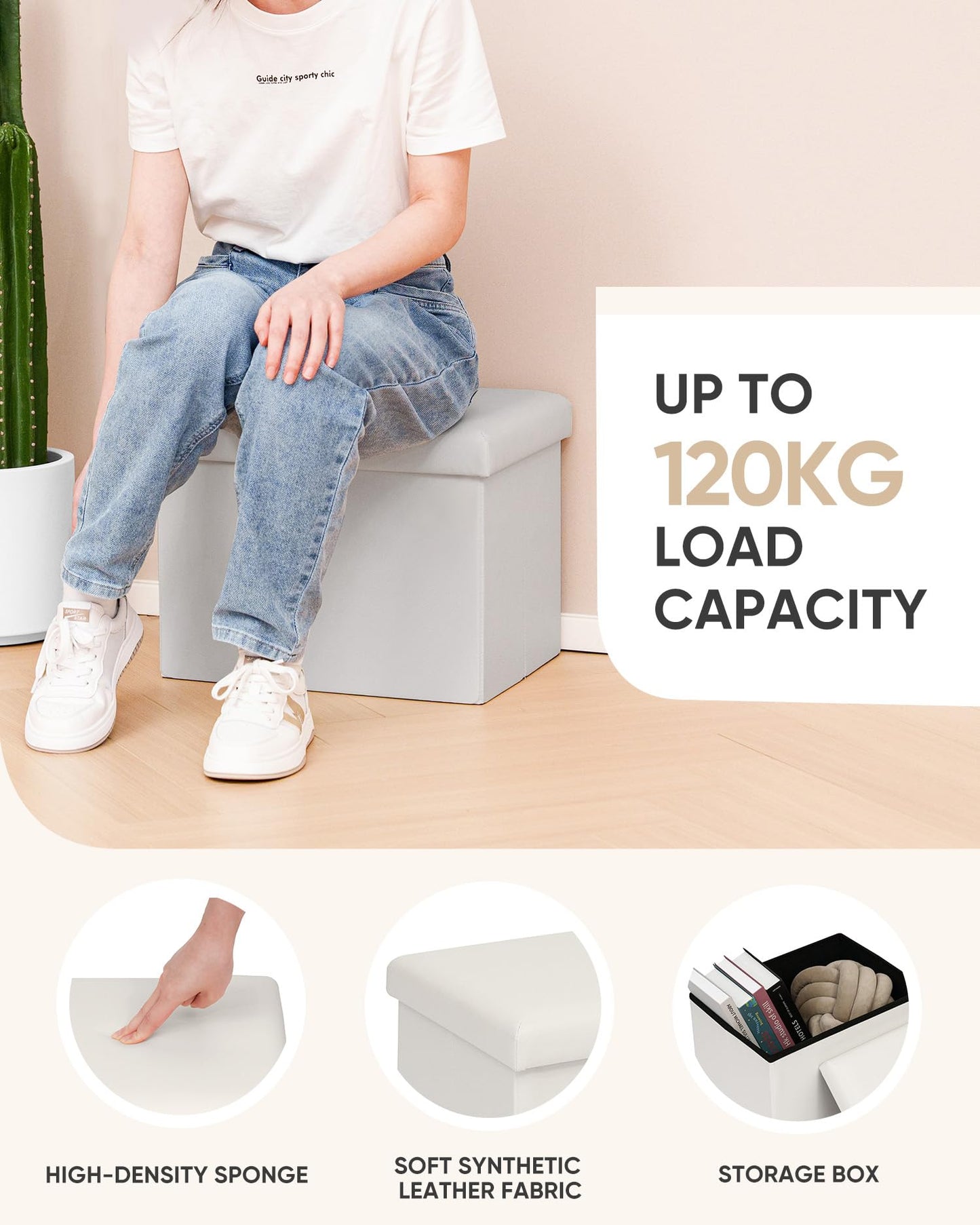 Bonlife Cream Ottoman Storage Box - Folding Foot Stool with Lid, Comfortable Storage Ottoman for Home,42x32x32 cm