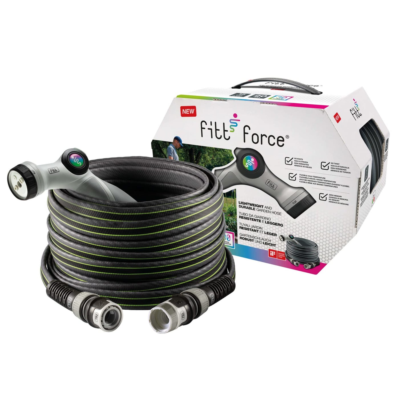 FITT Force 5/8" 40m, Garden Water Hose for Irrigation, Compact, Light and Resistant for Intensive use, with Multi-Jet Gun, Grey with Green Stripes
