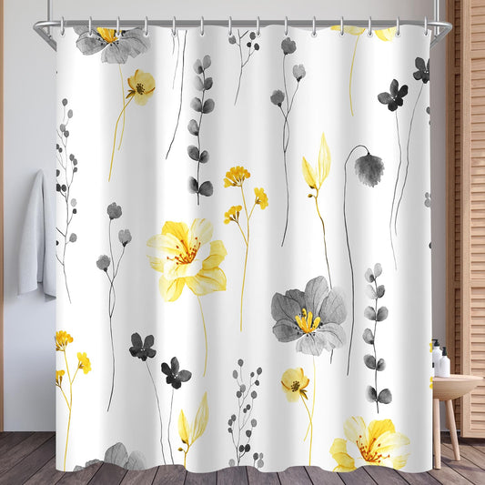 Lerores Shower Curtain, 150 x 200 cm, Yellow & Grey Flower, Weighted Hem, Anti-Mould, Water-Repellent, Washable Polyester Bath Curtains with 8 Eyelets