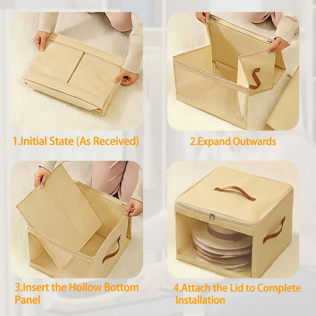 Soft Felt Hat Storage Box Zip Foldable Stackable Wardrobe Orgeniser Beige