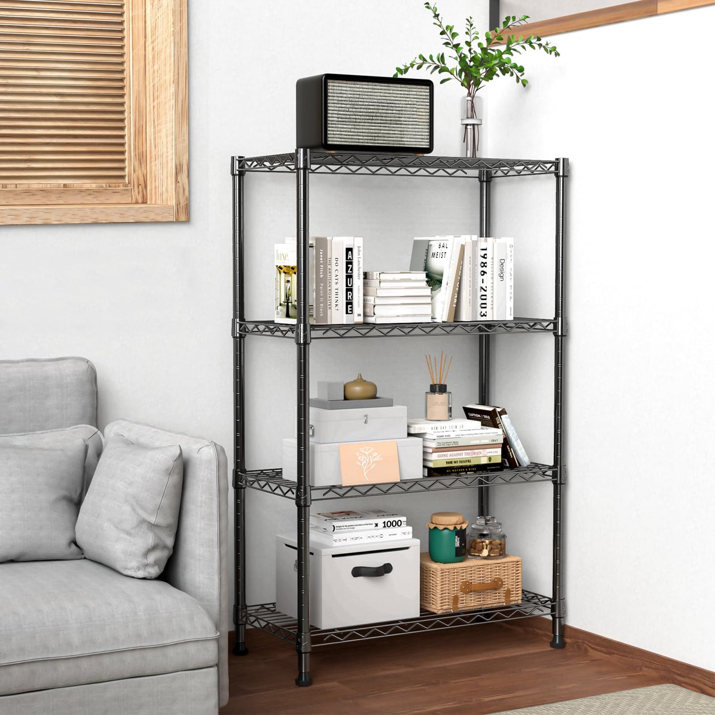 M MZG Height Adjustable Shelves,Heavy Duty Wire Pantry Shelving for Tool Sheds, Garage, and Storehouse,Metal,Black,4 tier 35 x 75 x 120.7 cm