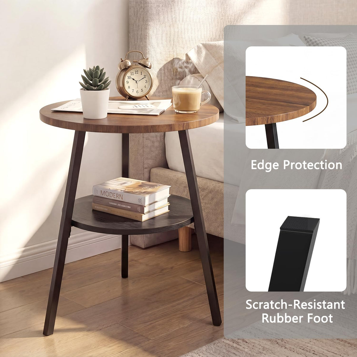 Small Round Side Table, 2-Tier Coffee Table with Storage Shelf