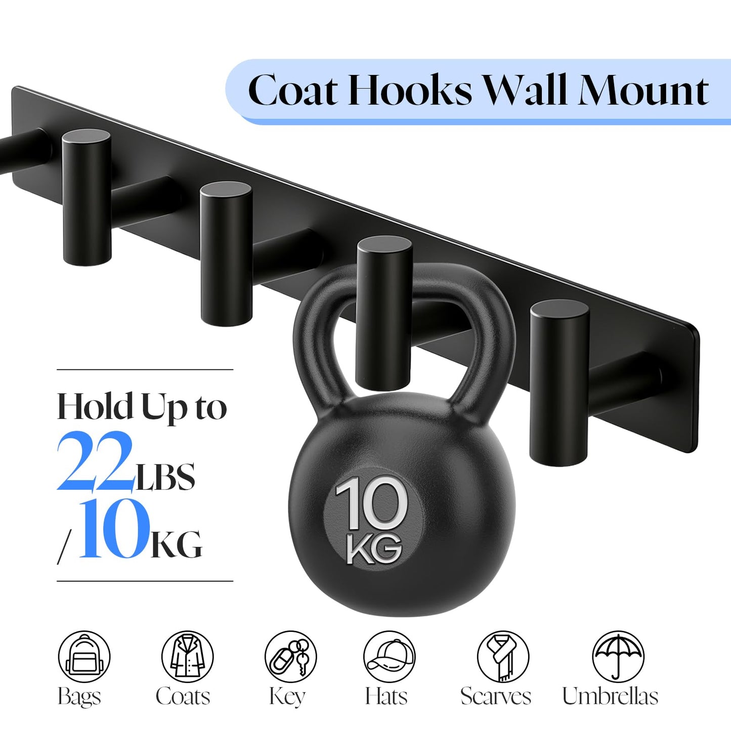TOKPLNU Coat Hooks Wall Mounted, Heavy Duty Coat Rack Hanger with 5 Hooks, Stainless Steel 37.5cm Door Hook for Hanging Clothes Towels Robes Hats