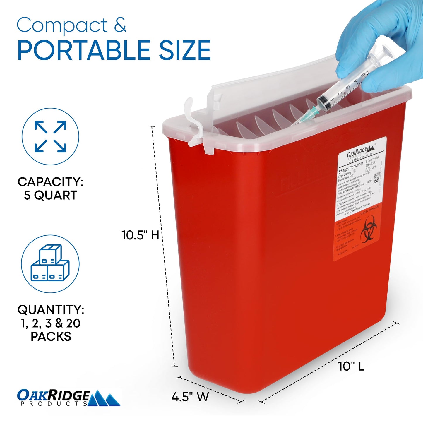 OakRidge Products Sharps Disposal Container for 5 Quart Size with Touchless Disposal (Pack of 2) 1 Medium Red