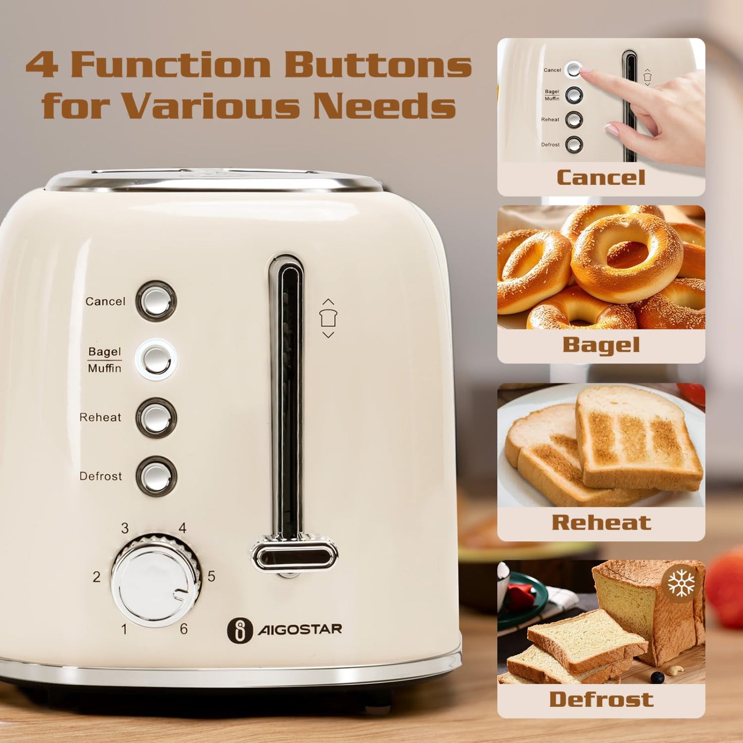 Aigostar Toaster 2 Slice, Retro Wide Slot Stainless Steel Toaster 800W for Toasting Bagels Breads, Defrost Reheat Cancel Functions, 6 Browning