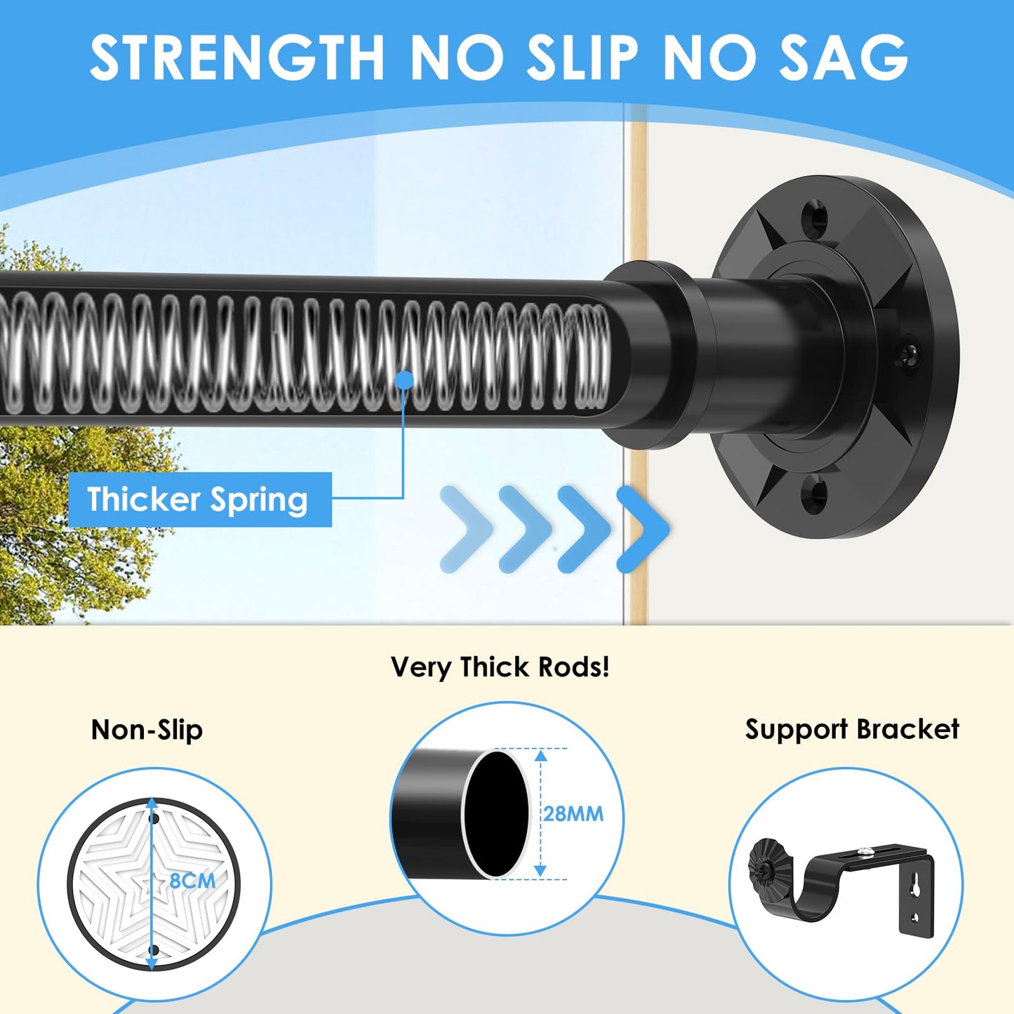 Black Shower Curtain Pole 78-223 cm, 28mm Extendable Tension Curtain Rod No Drill, Adjustable Heavy Duty Shower Rail with 1pcs Bracket for Bathroom