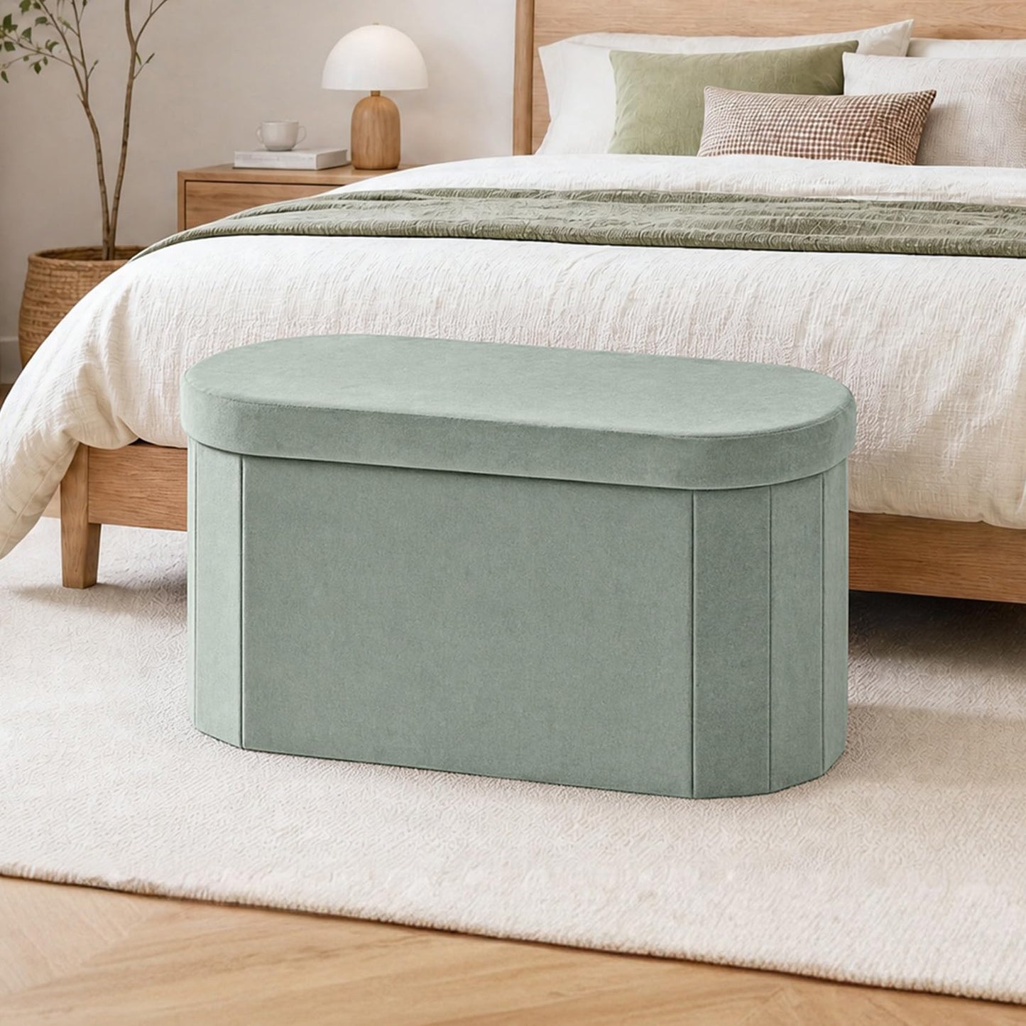 Bonlife Velvet Ottoman Storage Bench, Foldable Storage Chest with Lid,Oval Footstool for Living Room Bedroom Hallway, 76x38x38cm, Sage