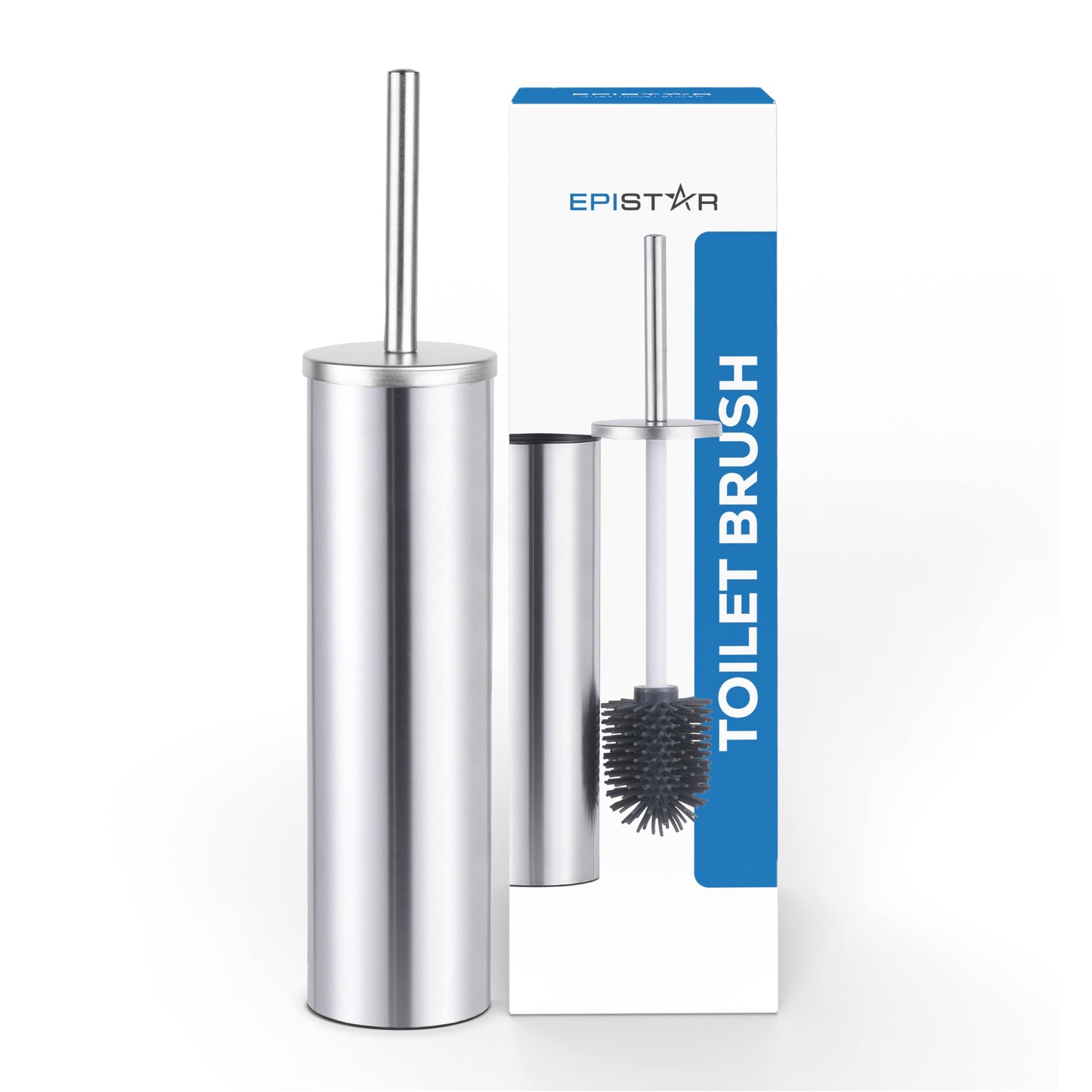 EPISTAR Silicone Toilet Brush & Holder Set - Stainless Steel - Replacement Heads Available - 45cm Tall - Toilet Brush Silicone with Long Handle
