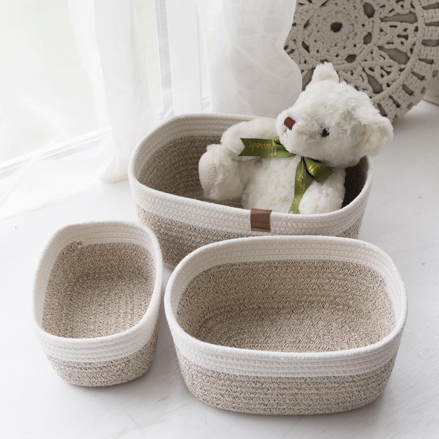LA JOLIE MUSE Small Cotton Woven Storage Baskets, White & Desert, 3 Pack