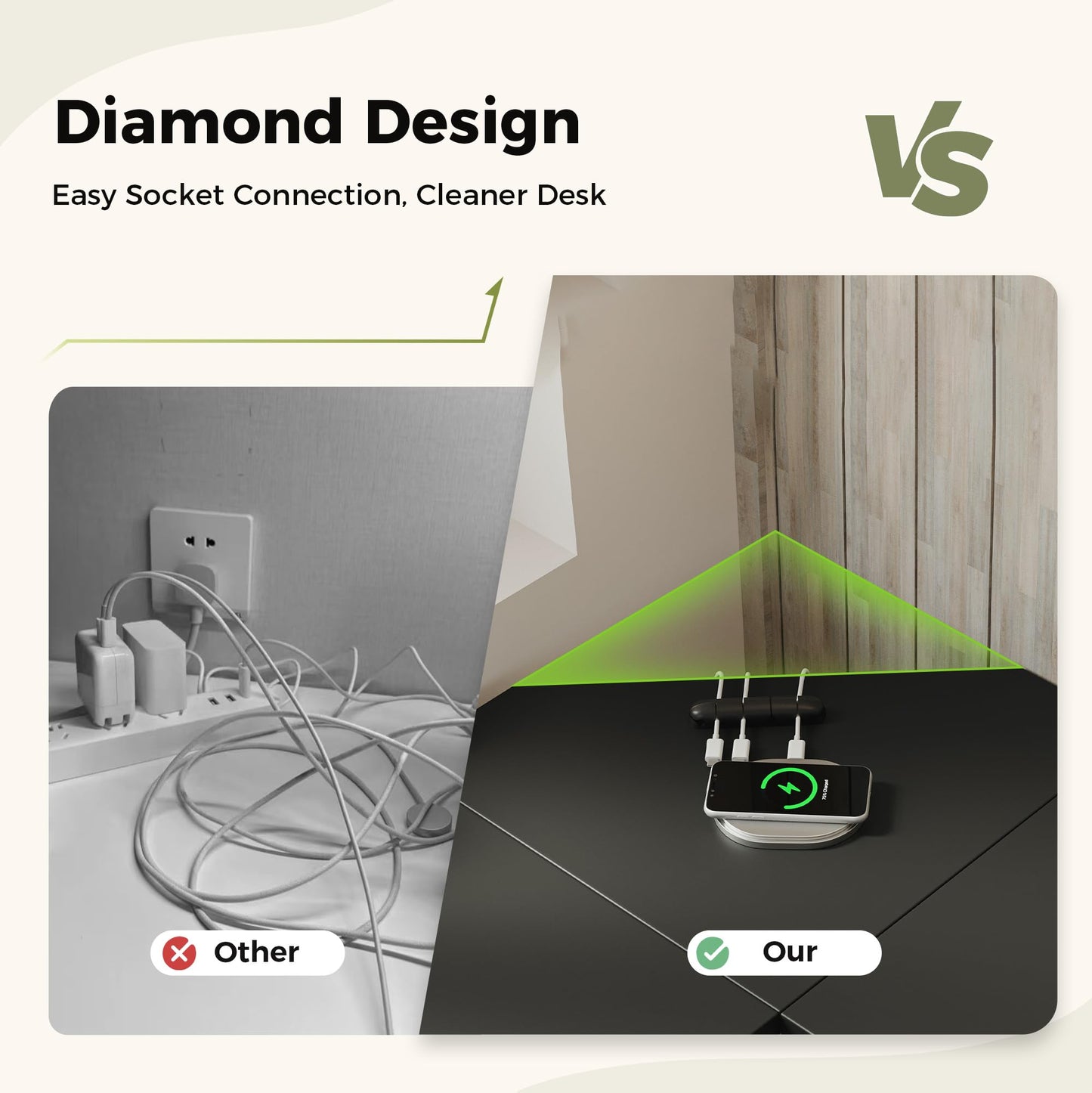 Mericonia L Shaped Desk, Diamond Design for Socket, 120x110cm, Black