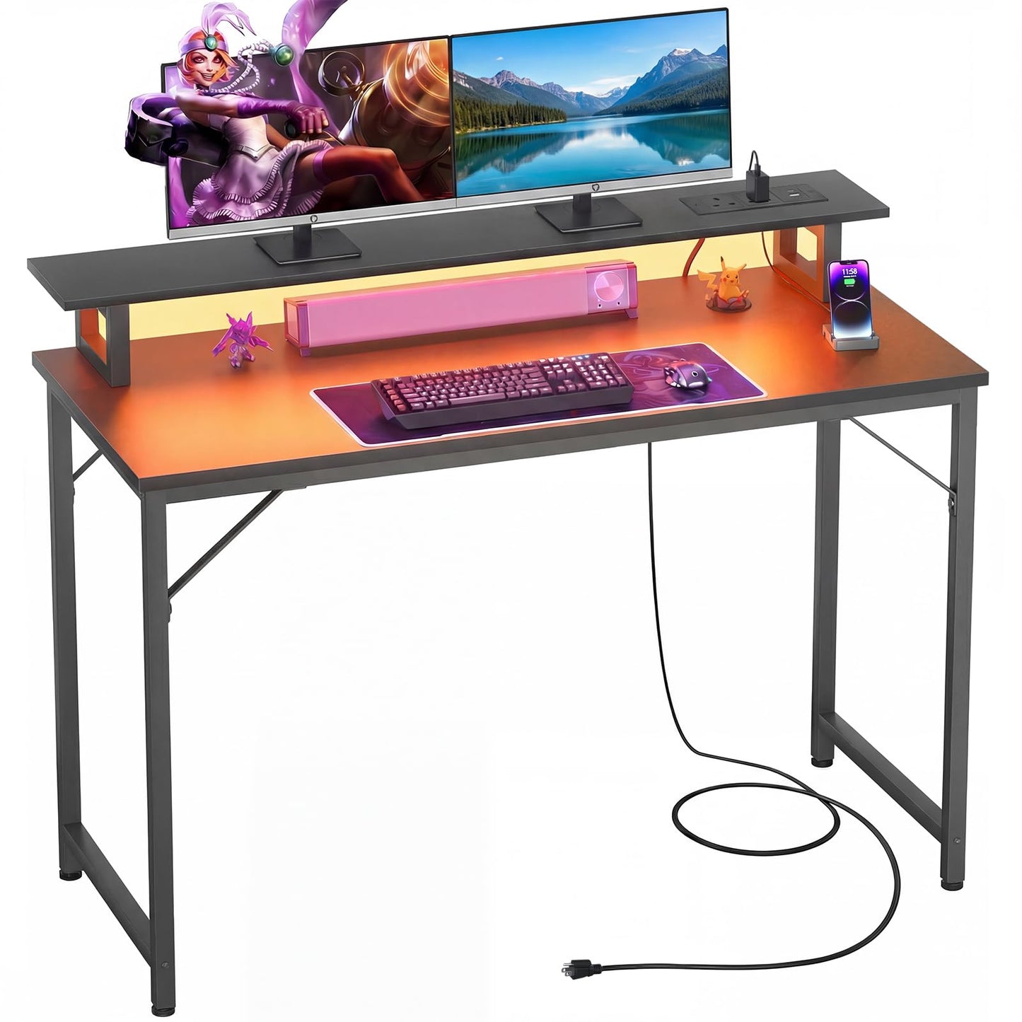 iSunirm Gaming Desk with Power Outlets & LED Lights, 100cm Computer Desk with Monitor Stand, Small Home Office Desk for Small Space