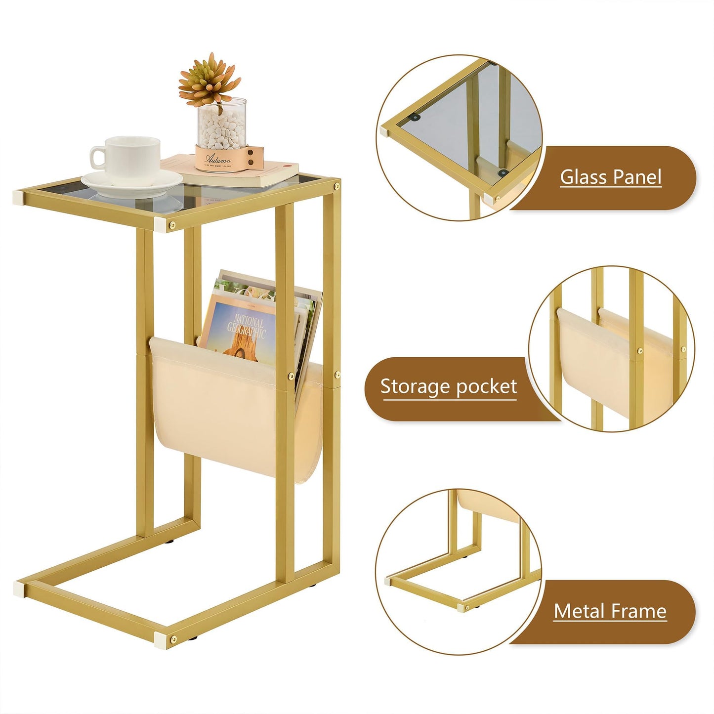 Gewudraw C Shaped Side Table, 58 CM Tall Glass End Table for Living Room