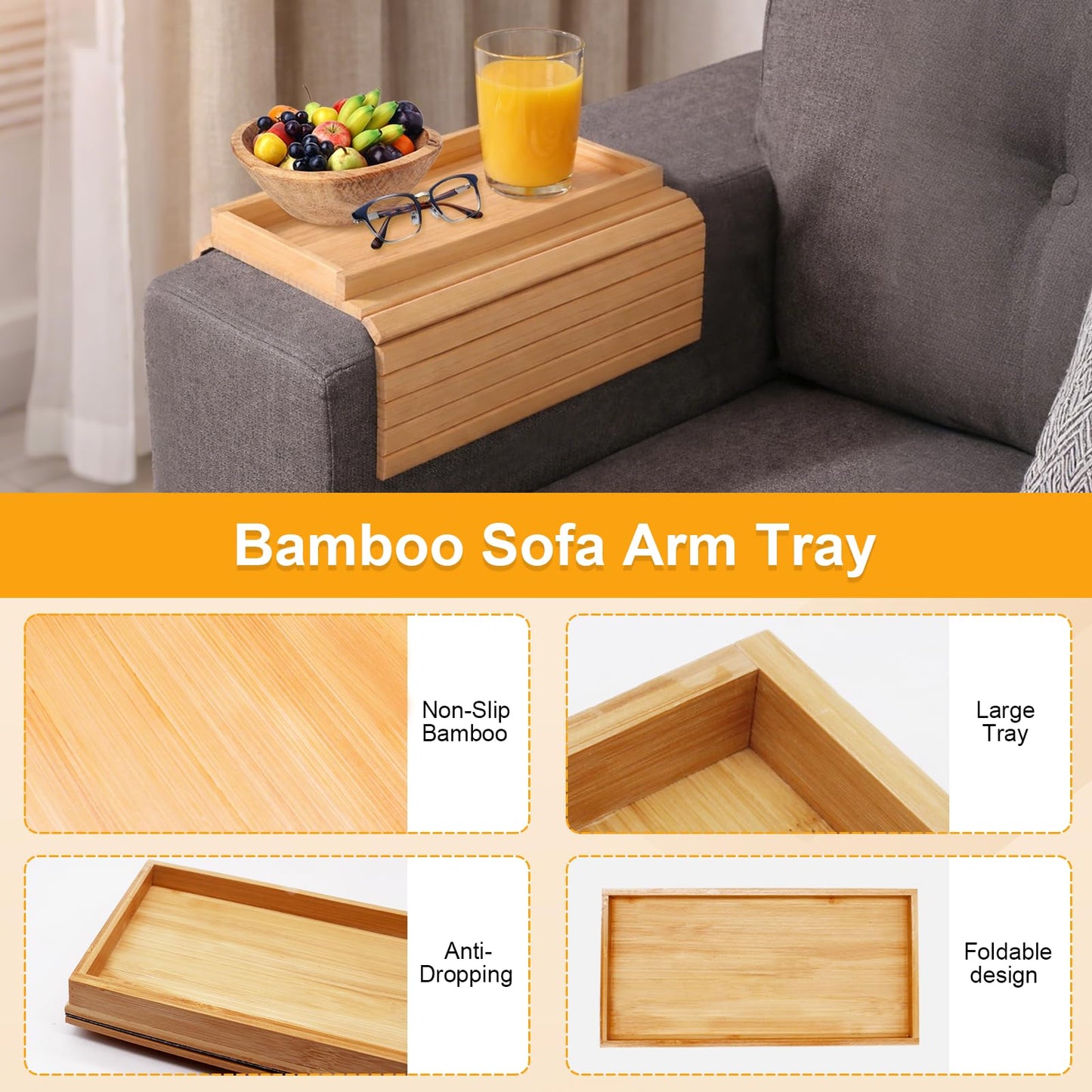 Sythrix Bamboo Sofa Arm Tray, Foldable Couch Armchair Tray, Sofa Arm Table, Sofa Armrest Tray