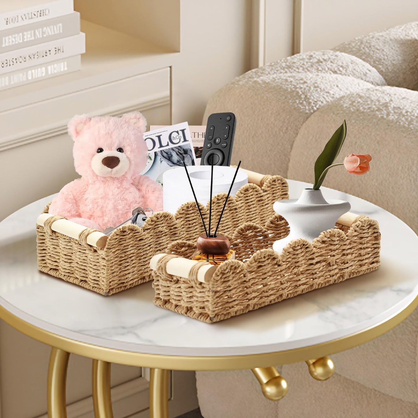 Yiomxhi 2 Pcs Wicker Storage Baskets, Woven Organizer Bins with Wooden Handles, Rope Scalloped Edge Toilet Paper Baskets for Bathroom, Shelf, Kitchen