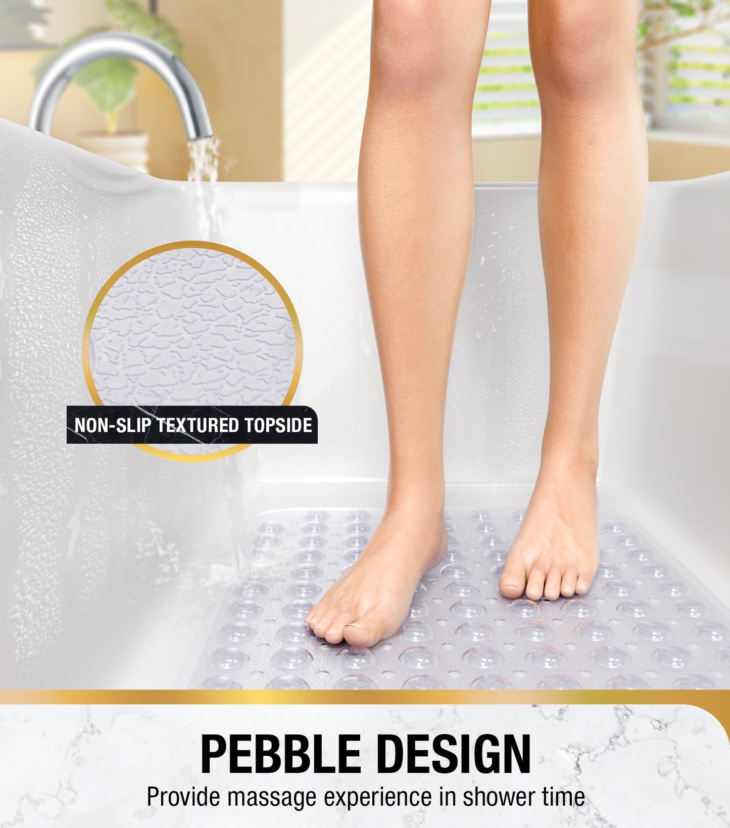HITSLAM Non Slip Bath Mat for Tub, 101 x 40cm Extra Long Shower Mat Anti Mould, Machine Washable Bathroom Bathtub Mat with Suction Cups and Drain
