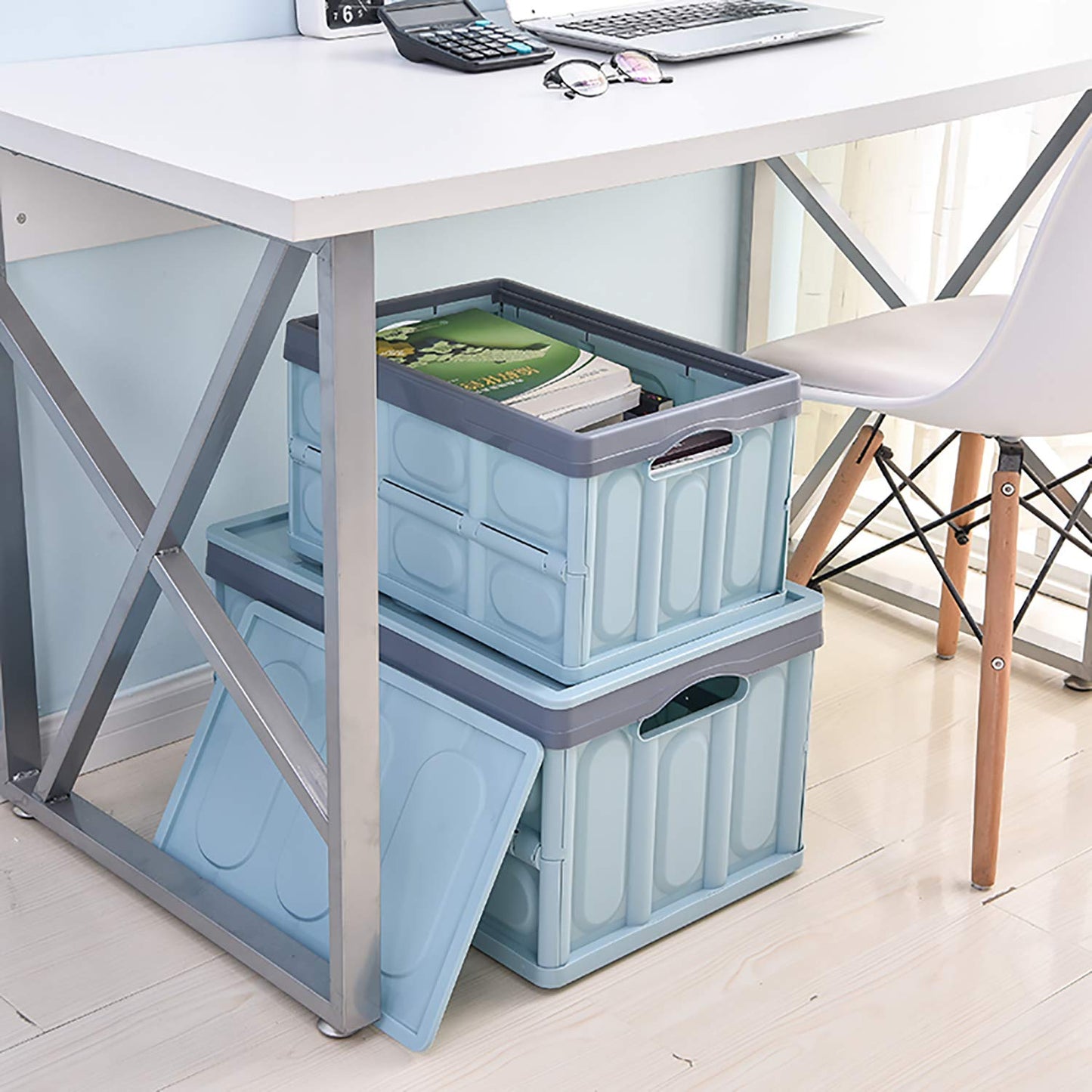 Tuevob Collapsible Storage Boxes 2 Pack 30L Lidded Plastic Tote Storage Box Container Stackable Folding Utility Crate for Clothes, Toys, Books