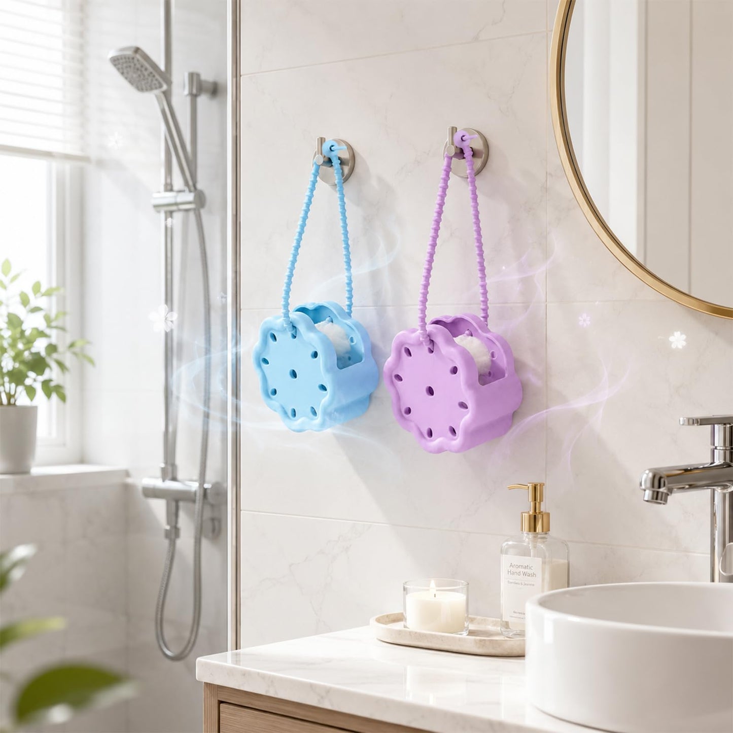 Peybaiwy 2 Packs Silicone Shower Steamer Tray with Adjustable Strap Steamer Holder Bath Bomb Organizer Aromatherapy Diffuser Containers Bathroom