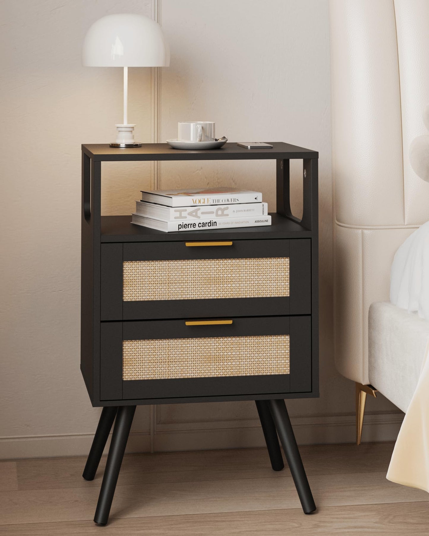 JERX Rattan Bedside Table, Farmhouse Nightstand with 2 Storage Drawer and Open Wood Shelf, for Living Room, Bedroom and Small Spaces