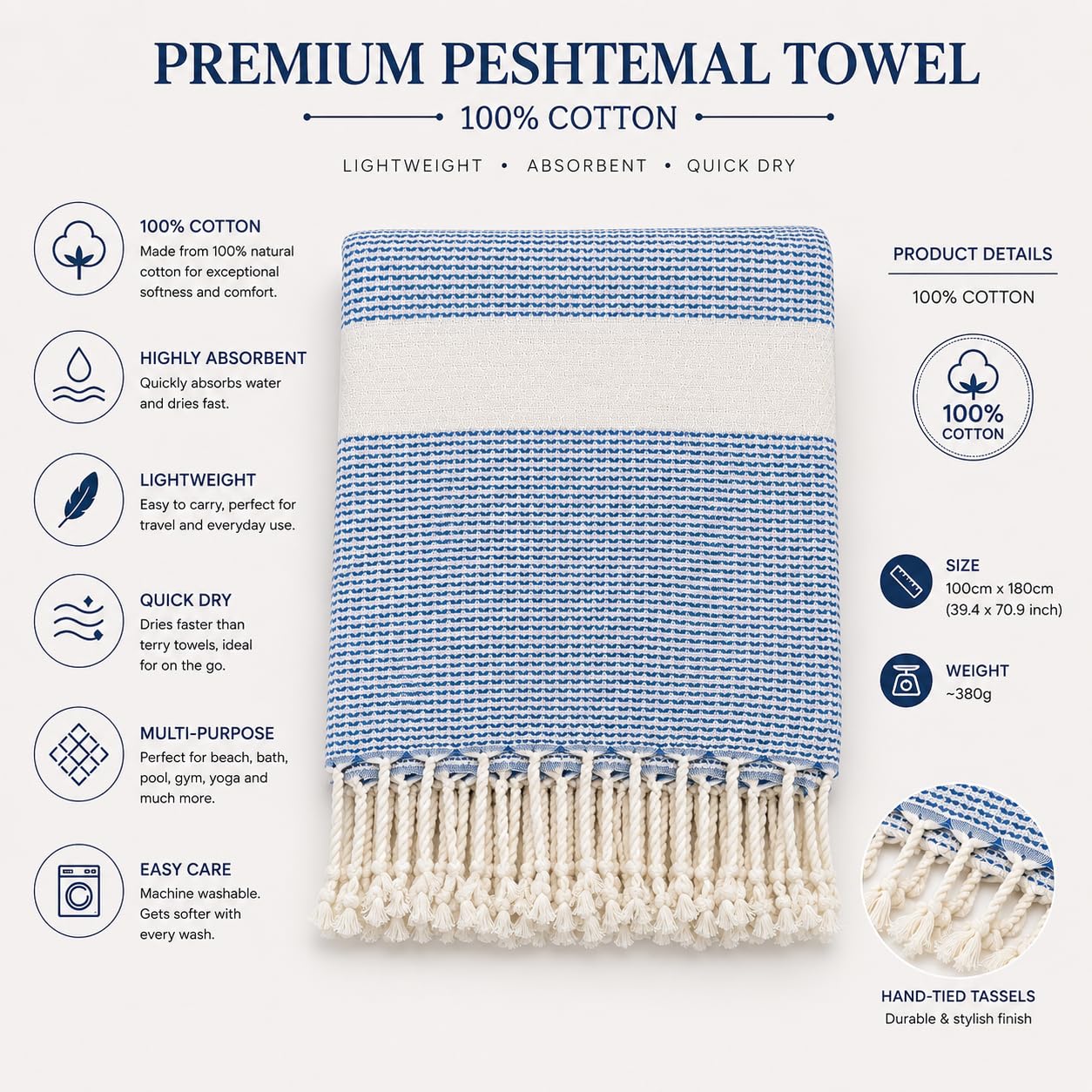 Babila Turkish Hammam Peshtemal Towel | Lightweight & Quick-Drying & Absorbent | Turkish Travel, Spa & Beach Towel | Soft, Compact & Versatile | Blue