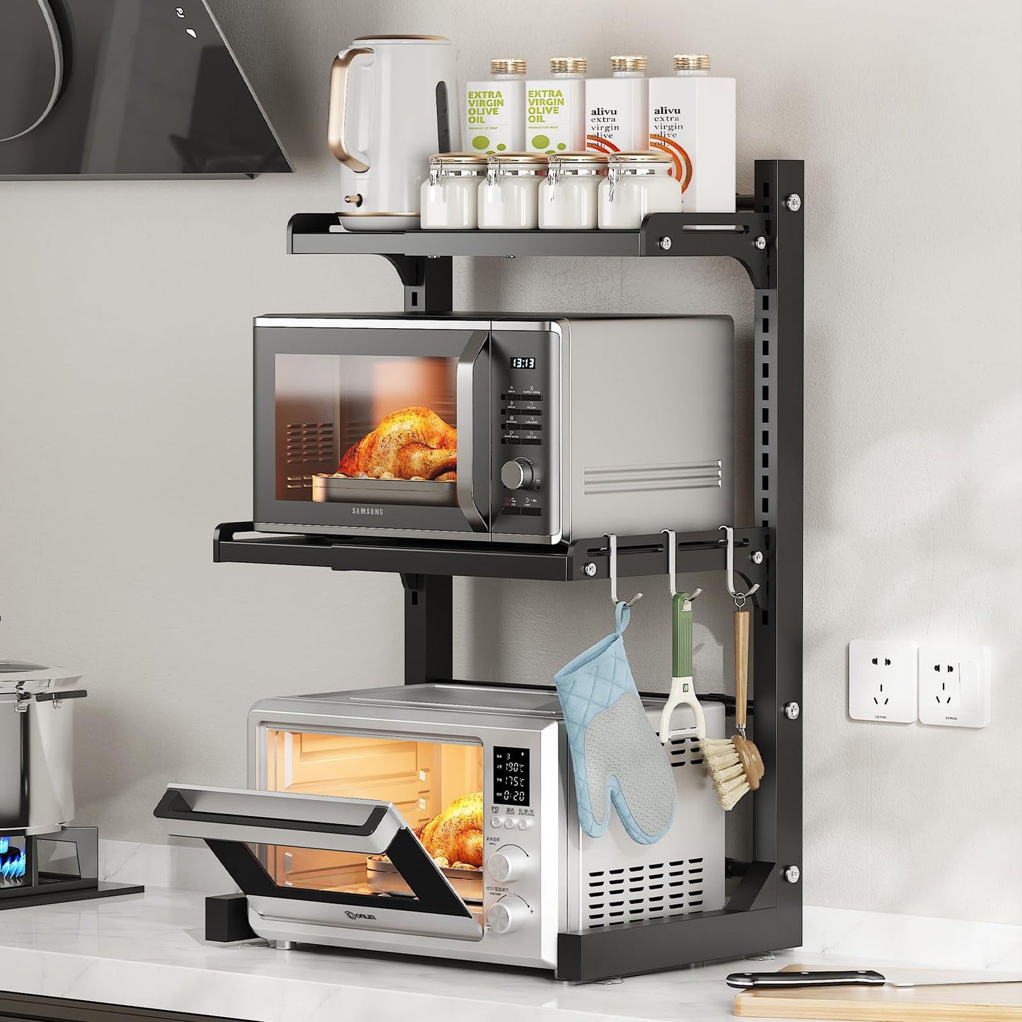ABCOOL Retractable Adjustable 2 Axial Kitchen Baker Microwave Oven Rack, 2 Tier Expandable and Height Adjustable Carbon Steel Shelf Counter