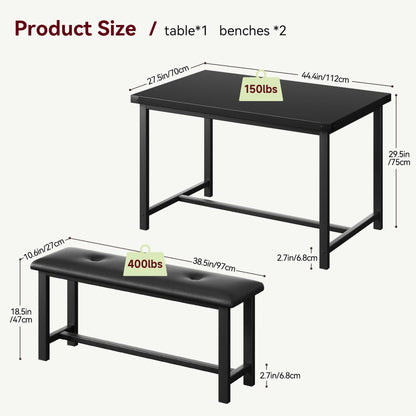 Crevyteg Dining Table Set for 4, Kitchen Table with Benches, Rectangular Dining Room Table Set with 2 Upholstered Benches