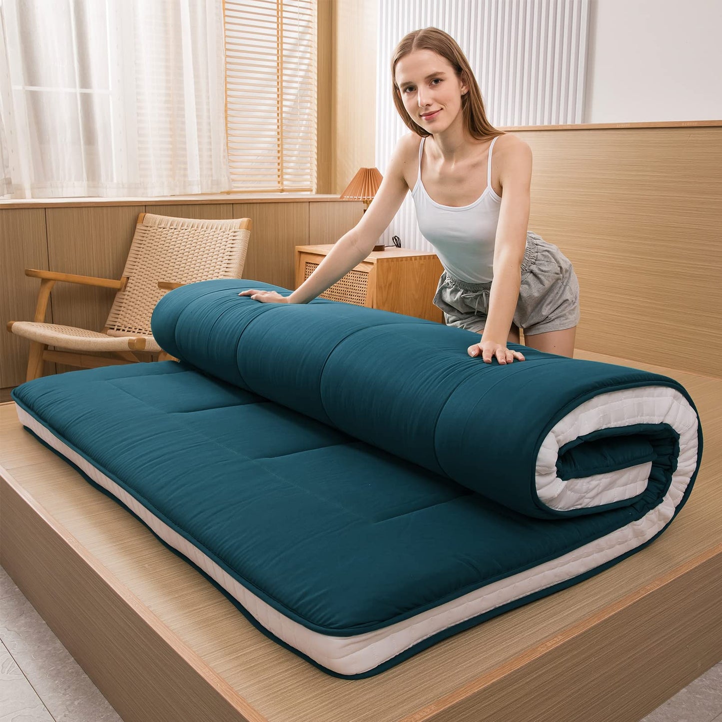 MAXYOYO Japanese Floor Futon Mattress Padded Quilted Bed Mattress Topper, Extra Thick Folding Sleeping Pad Breathable Floor Lounger Guest Bed for