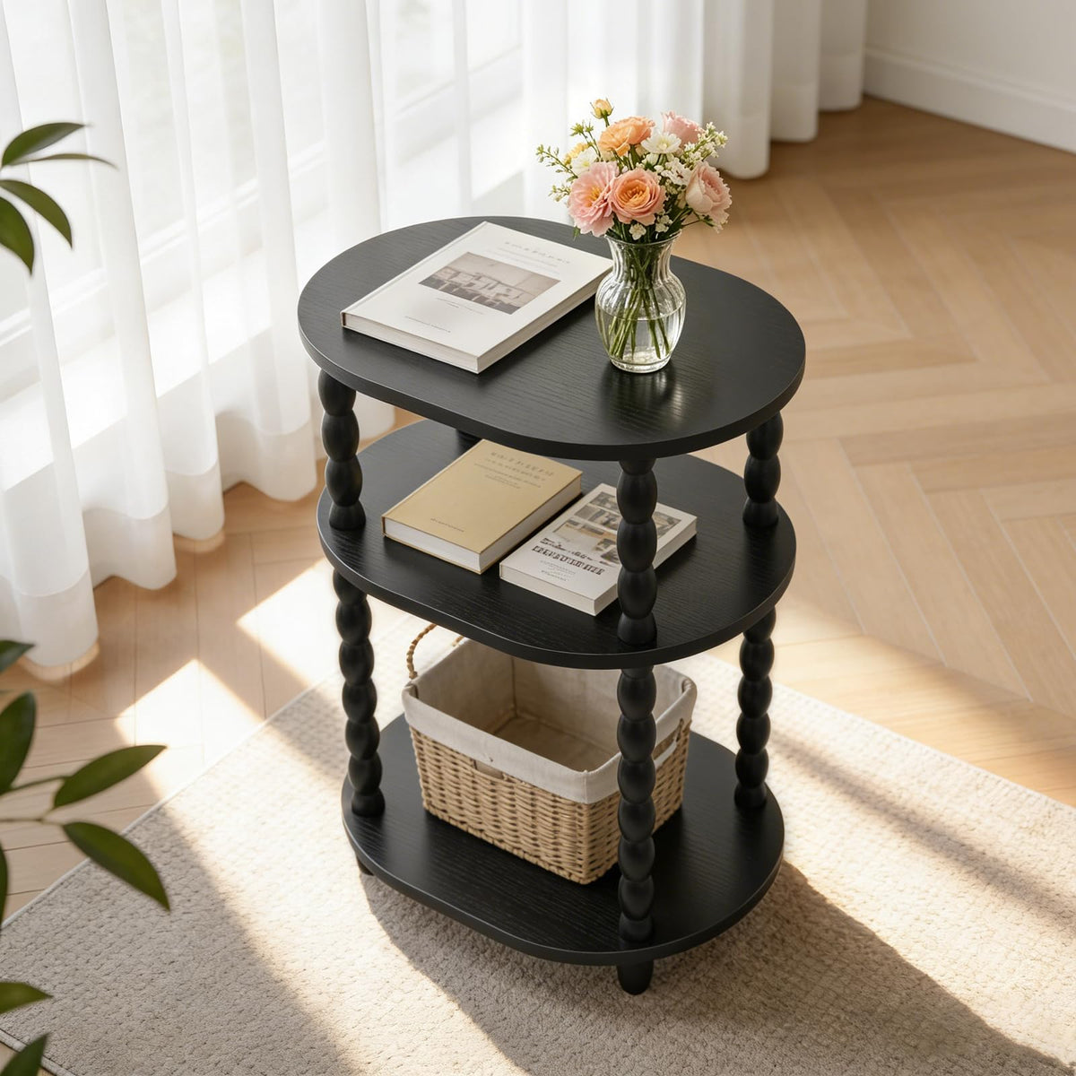 GOODLAN Wooden Side Table,3-Tier Small End Table with Storage Shelf, Vintage Retro furniture Bedside Coffee oval Table Night Stand for Living Room