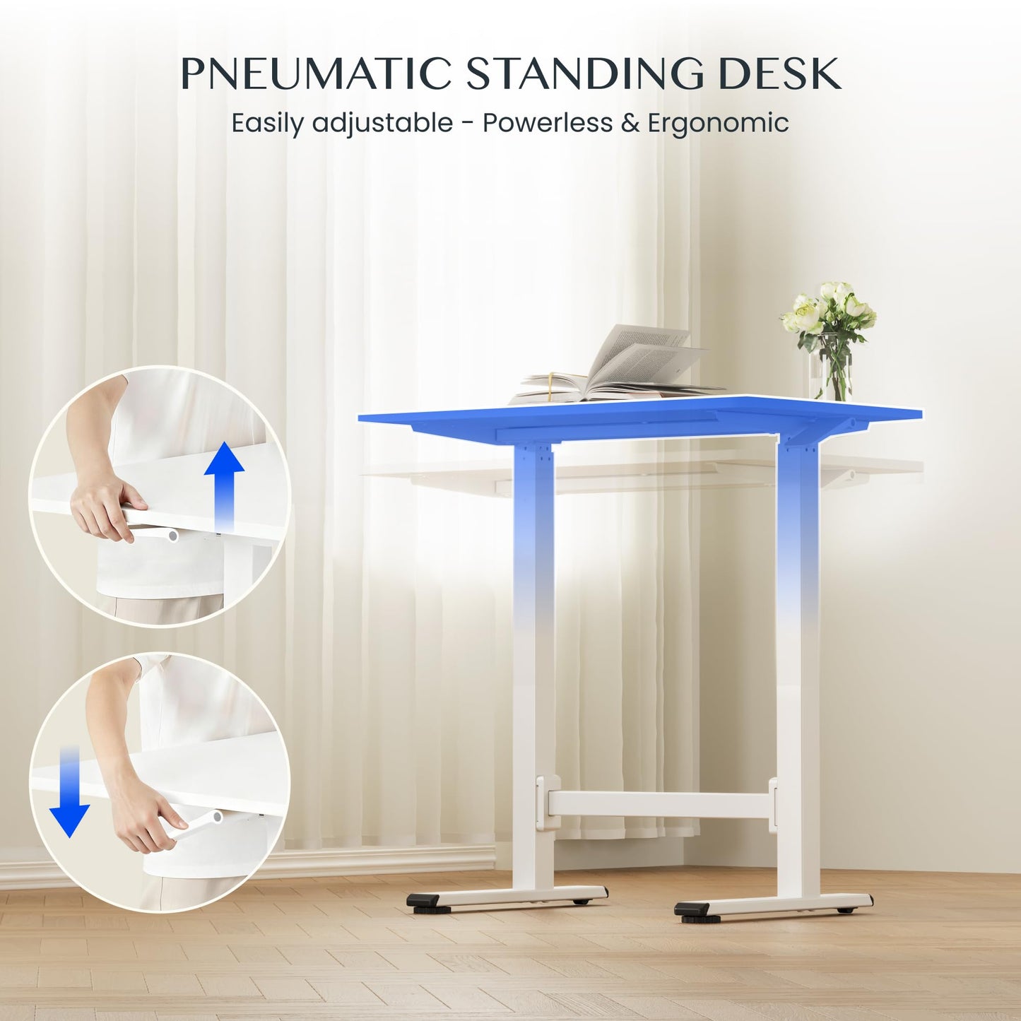 FLEXISPOT Small Standing Desk 80×50cm with Wheels, Pneumatic Height Adjustable Rolling Laptop Table, Mobile Bedside Workstation, White