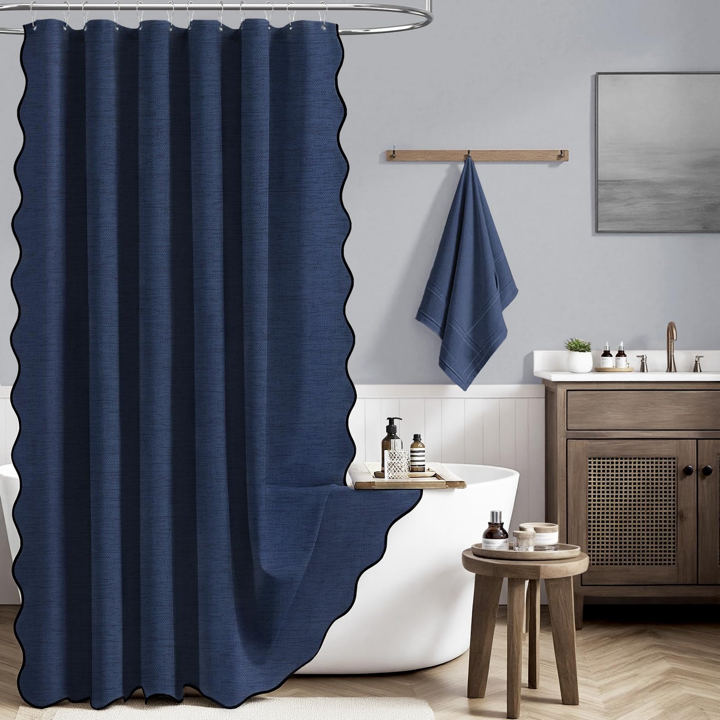 BTTN Scalloped Linen Look Shower Curtain, Waterproof, 184x184cm, Navy Blue