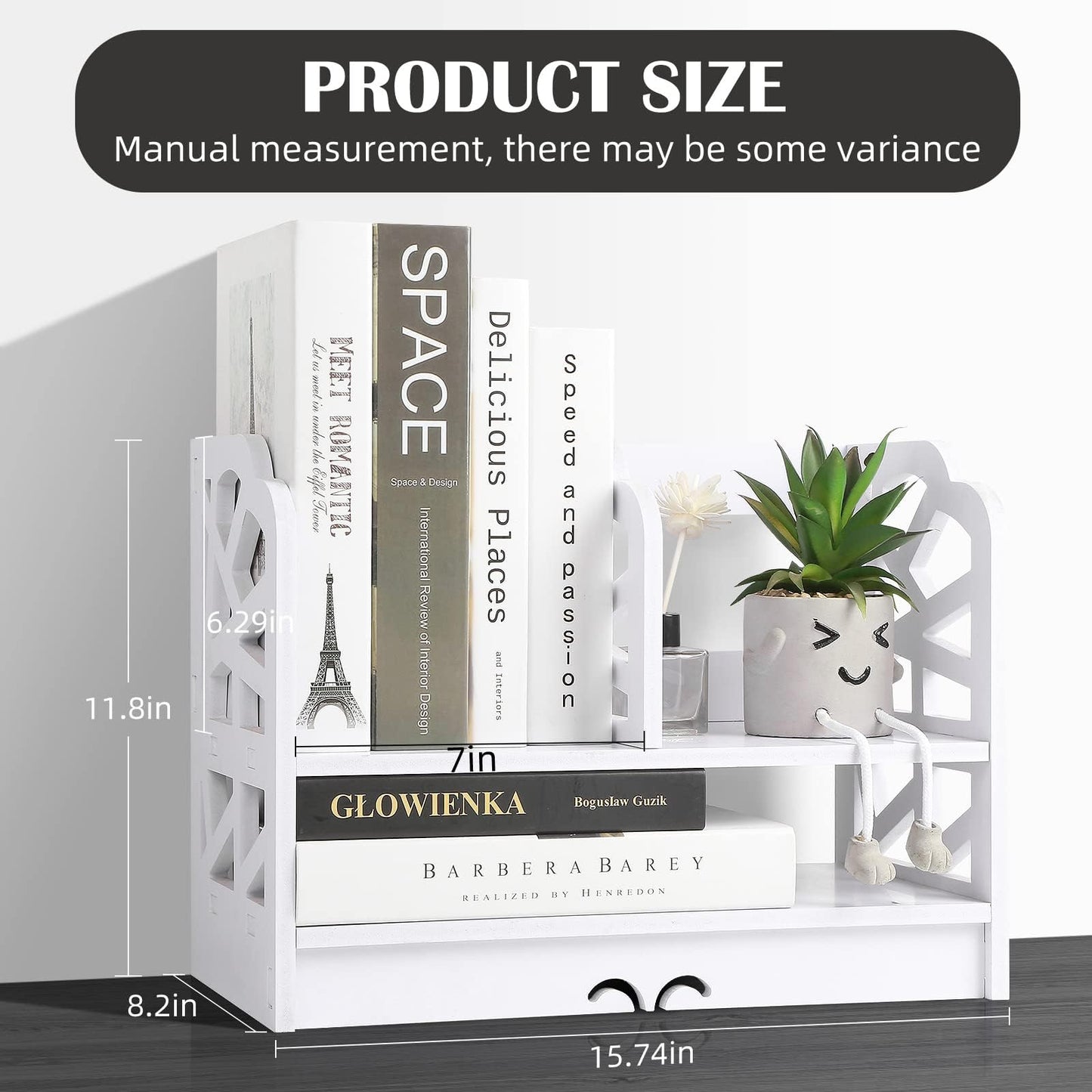 DoToGo Desk Shelf Organizer, Deskop Bookshelf for Small Space Adjustable Expendable for Office, Home, Kitchen (white-big square)