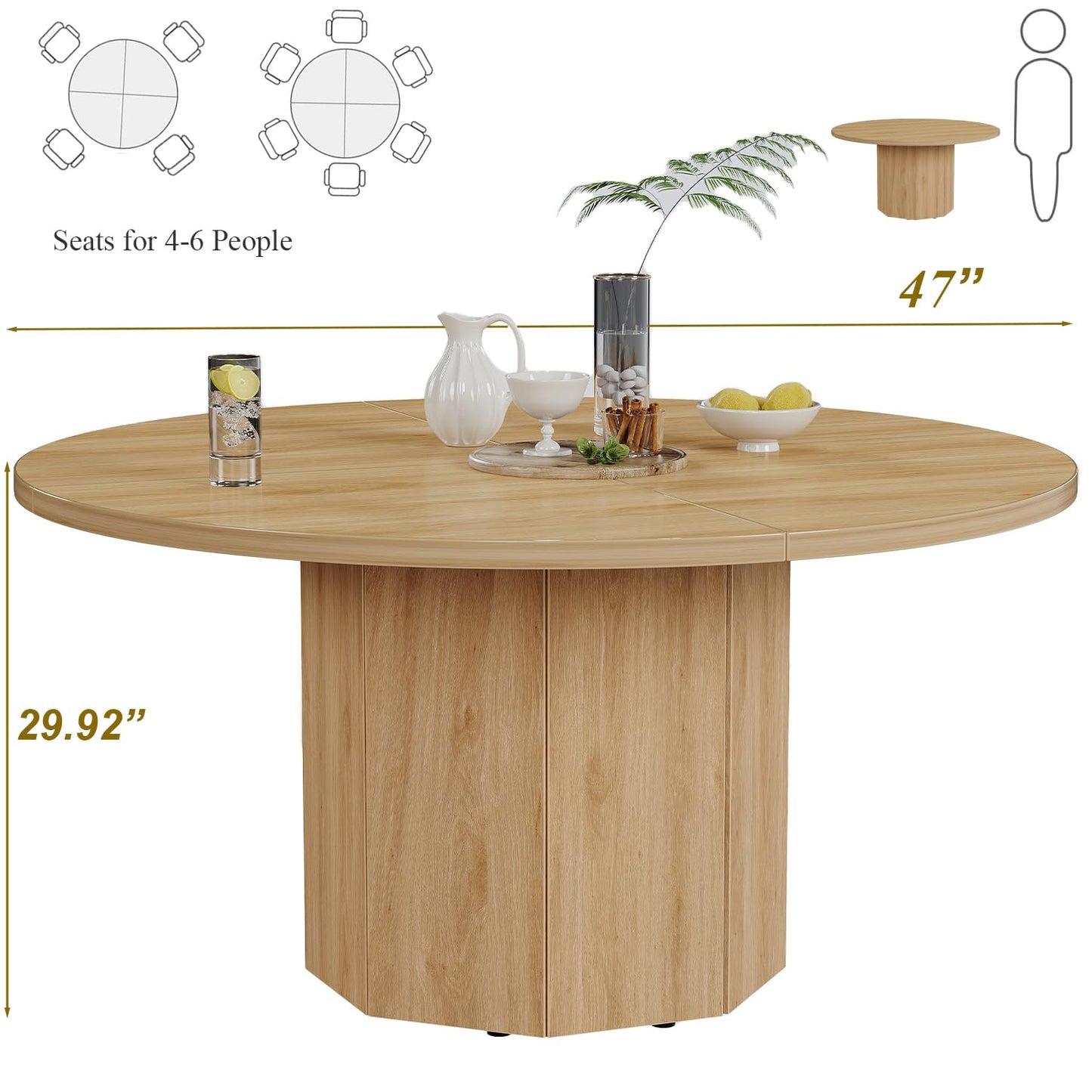 HSH Wooden Round Dining Table for 4, Modern Farmhouse Wood Dinner Table with Octagon Pedestal Base, Circular Kitchen Dining Room Table for Home