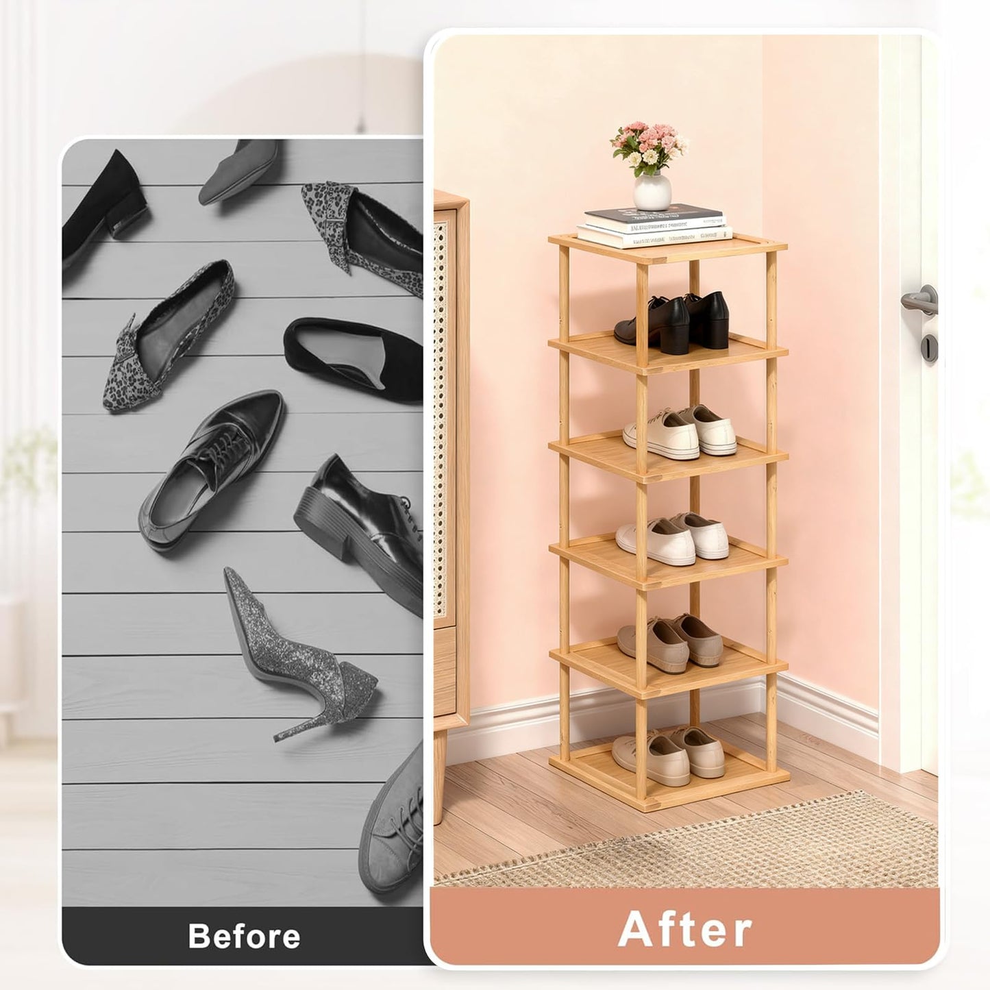 Aniston 6 Tier Vertical Small Shoe Rack Bamboo,Free Standing Slim Narrow Shoe Storage,Shoe Shelf Organiser for Garage Closet Doorway Garage Living