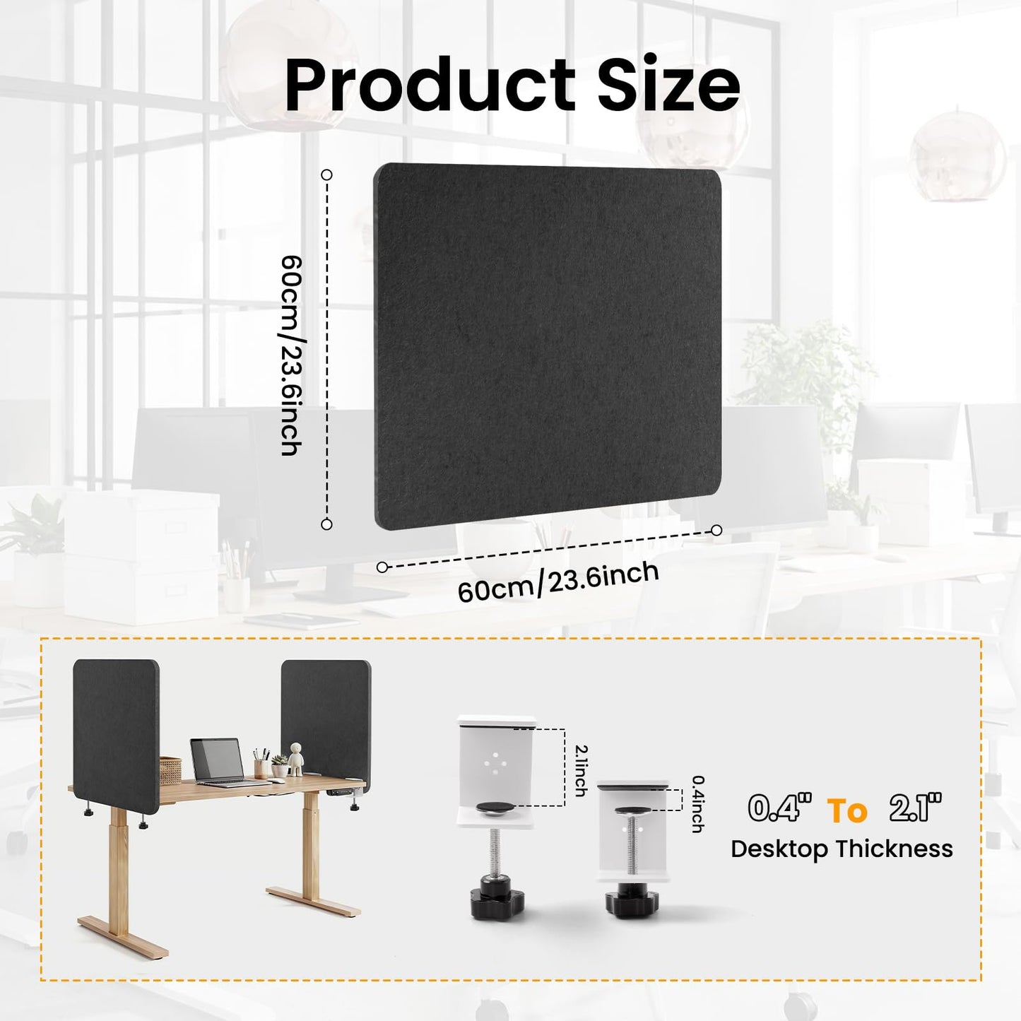 2-Pack Felt Desk Dividers, Clamp-On Privacy Panels, 60 x 60 cm, Dark Grey