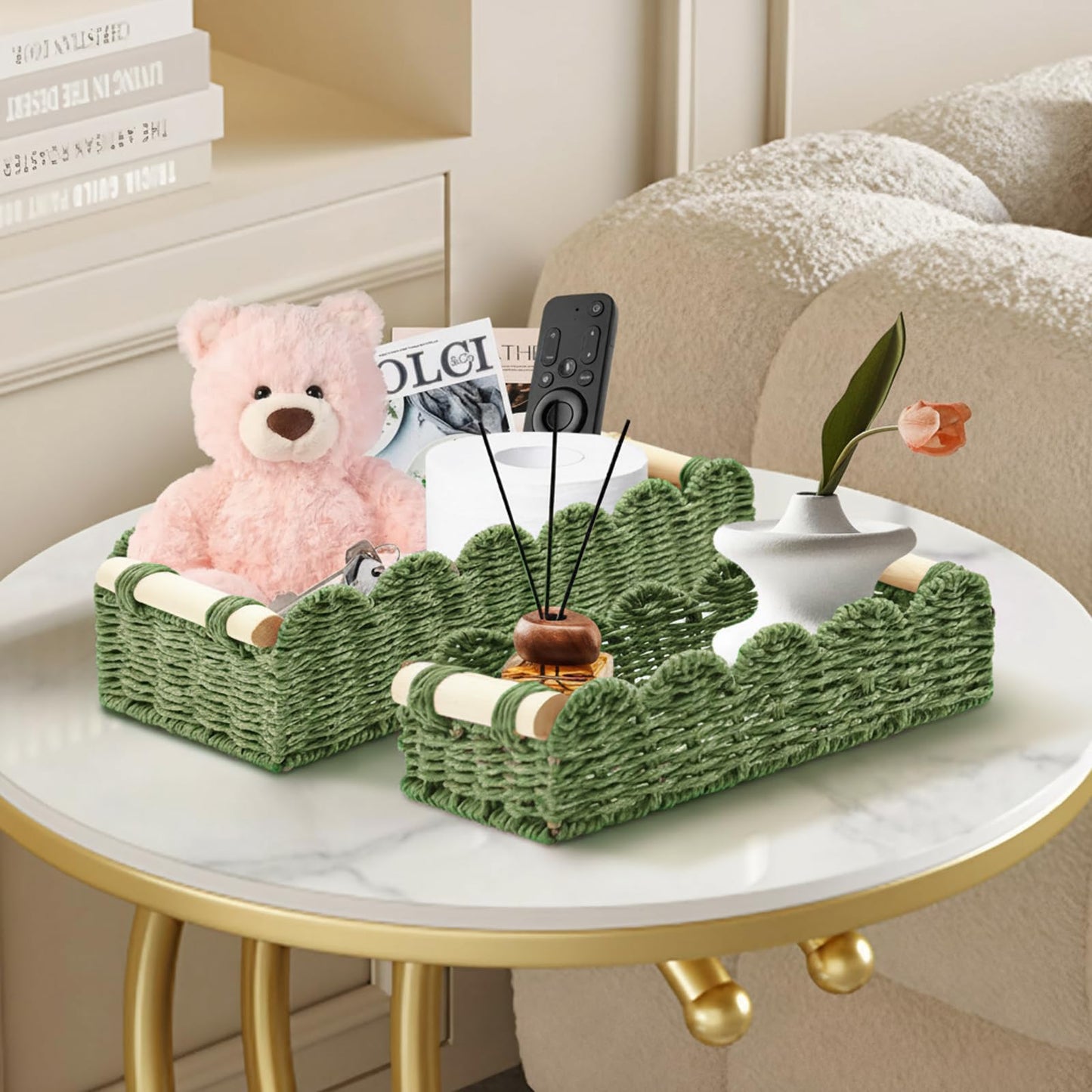Yiomxhi 2 Pcs Wicker Storage Baskets, Woven Organizer Bins with Wooden Handles, Rope Scalloped Edge Toilet Paper Baskets for Bathroom, Shelf, Kitchen