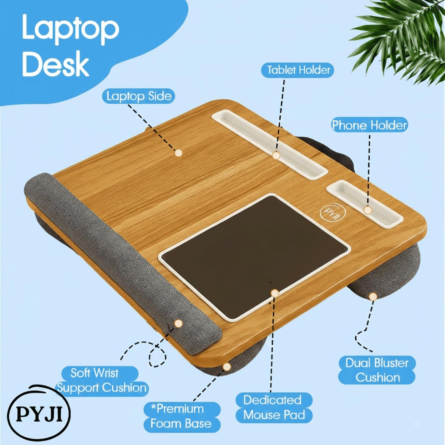 PYJI Lap Desk Wooden Laptop Tray with 5 Cable Holders, Portable Laptop Stand for Bed with Cushion, Lightweight Laptops desk for Sofa & Bed