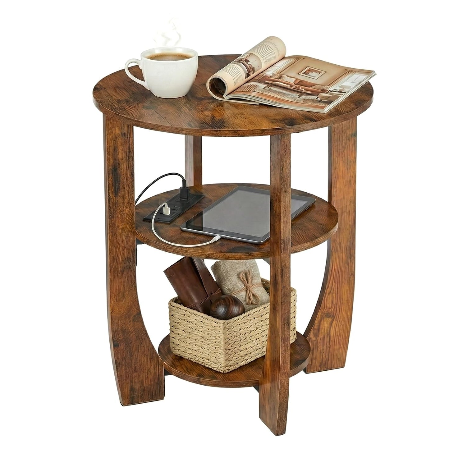 ZEXVIDA Round Side Table with Charging Station, 3 Tier End Table with USB Ports & Outlets, Nightstand for Bedroom,Living Room,Small Spaces