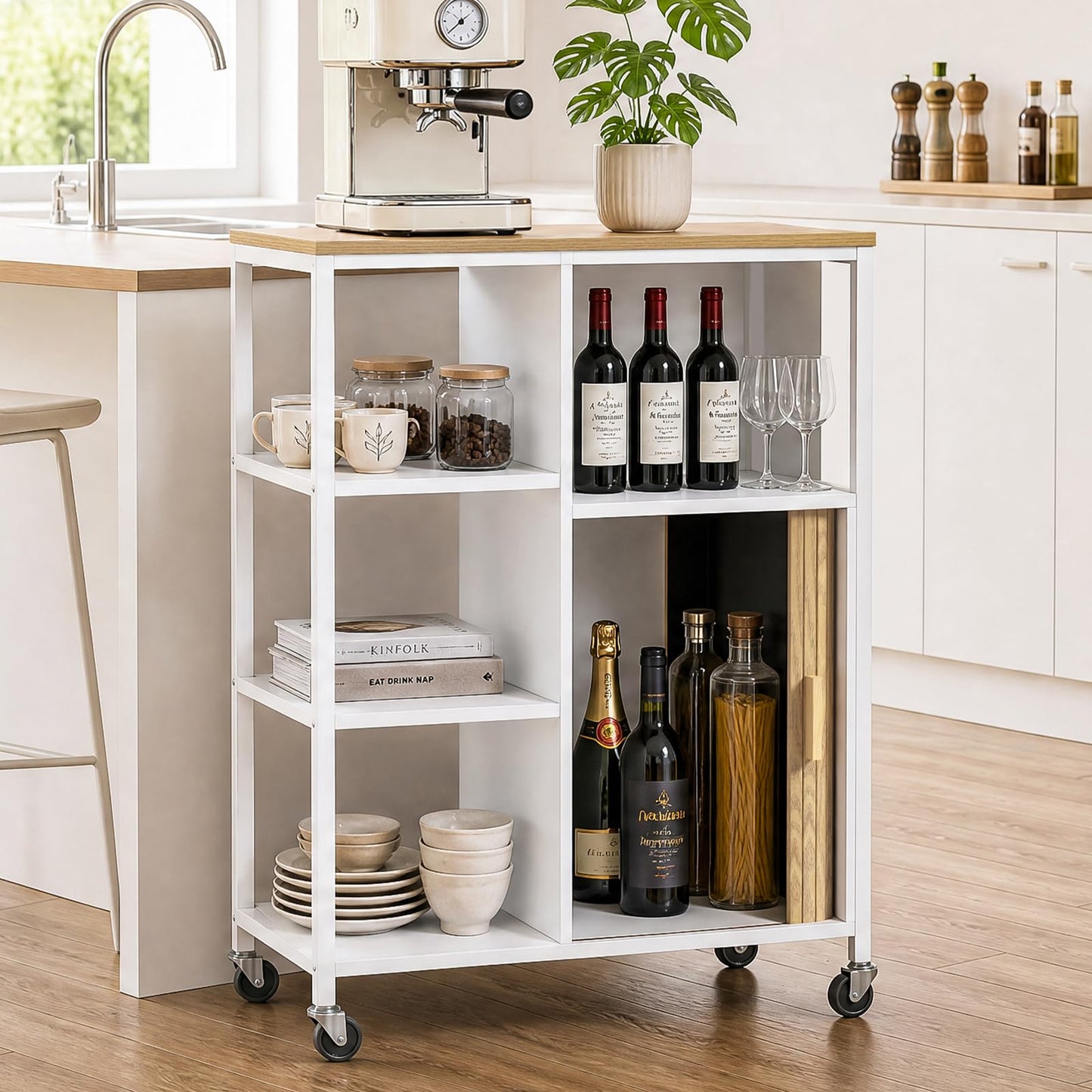 Mobile Kitchen Island With Wheels, Storage Space Roll-Up Doors, 37x67x95cm