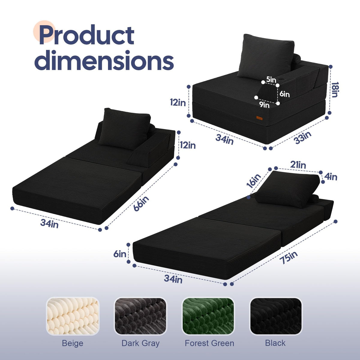 MeMoreCool Folding Sofa Bed Single, Convertible Boneless Couch with Pillow