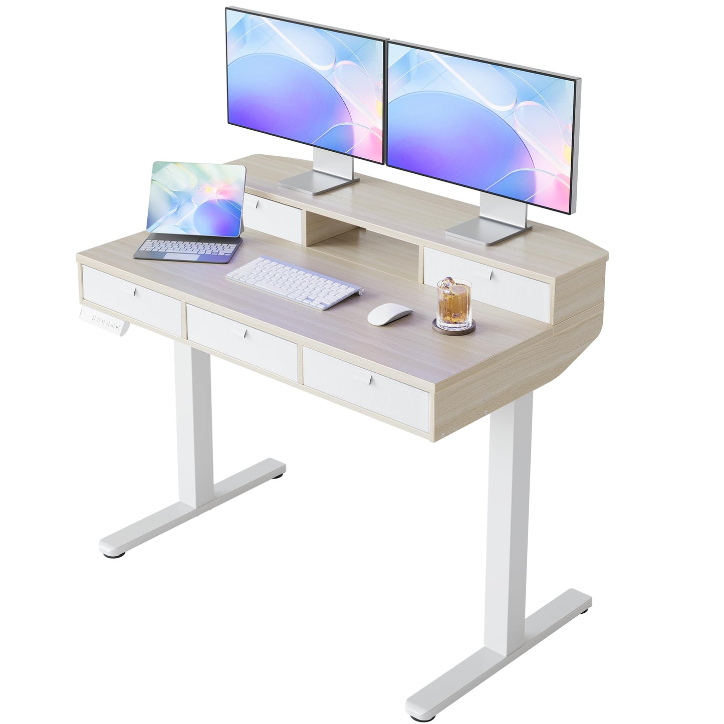 HUANUO Standing Desk with Drawers, 100x60cm, Natural