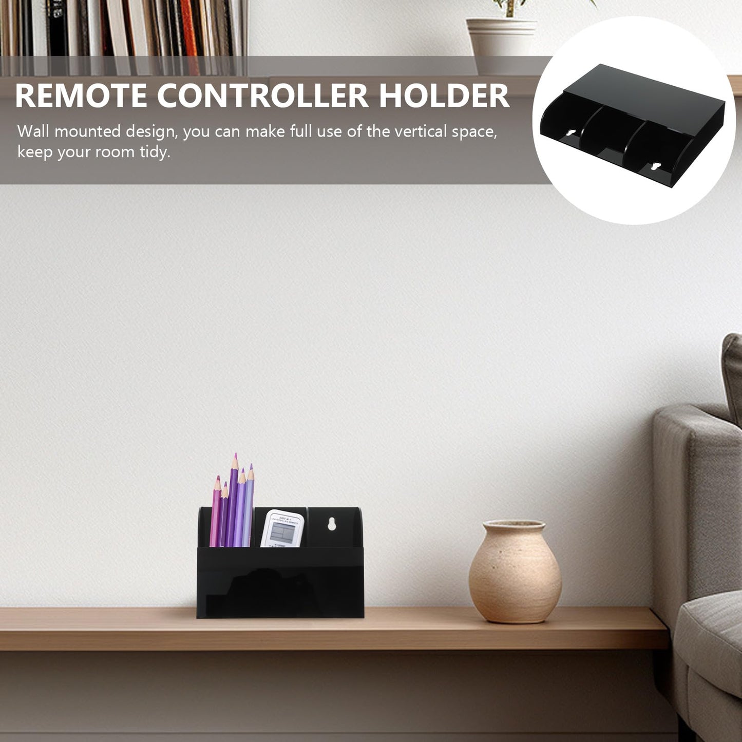 jojofuny 3 Slot Remote Control Holder Wall Mounted, Black Acrylic TV Organiser, Self Adhesive Media Storage for Controller Phone Pen