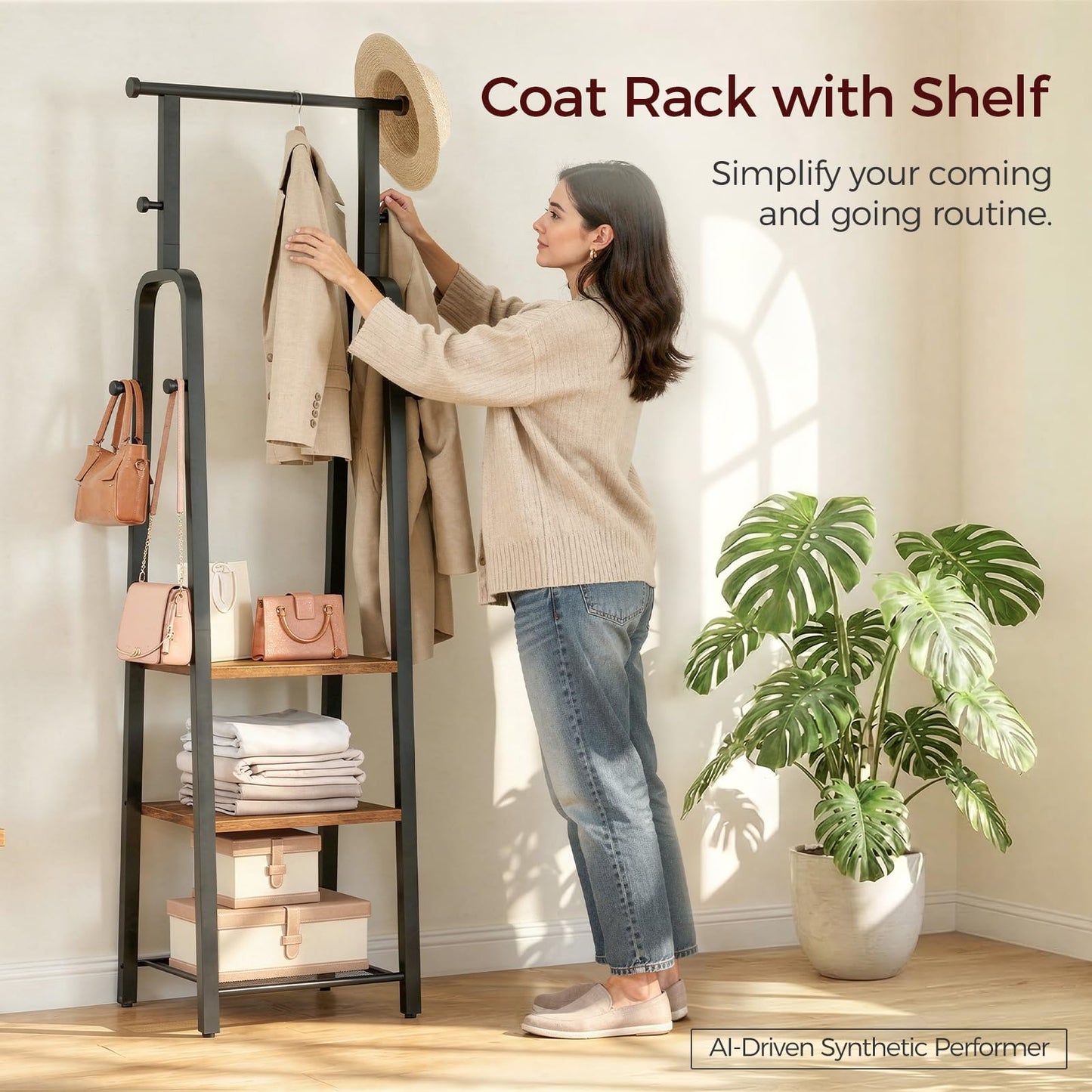 MAHANCRIS Coat Rack, Freestanding Coat Stand with Hanging Rail, Industrial Clothes Rack with 3-Tier Shelf & 8 Hooks, for Hallway, Entryway, Bedroom