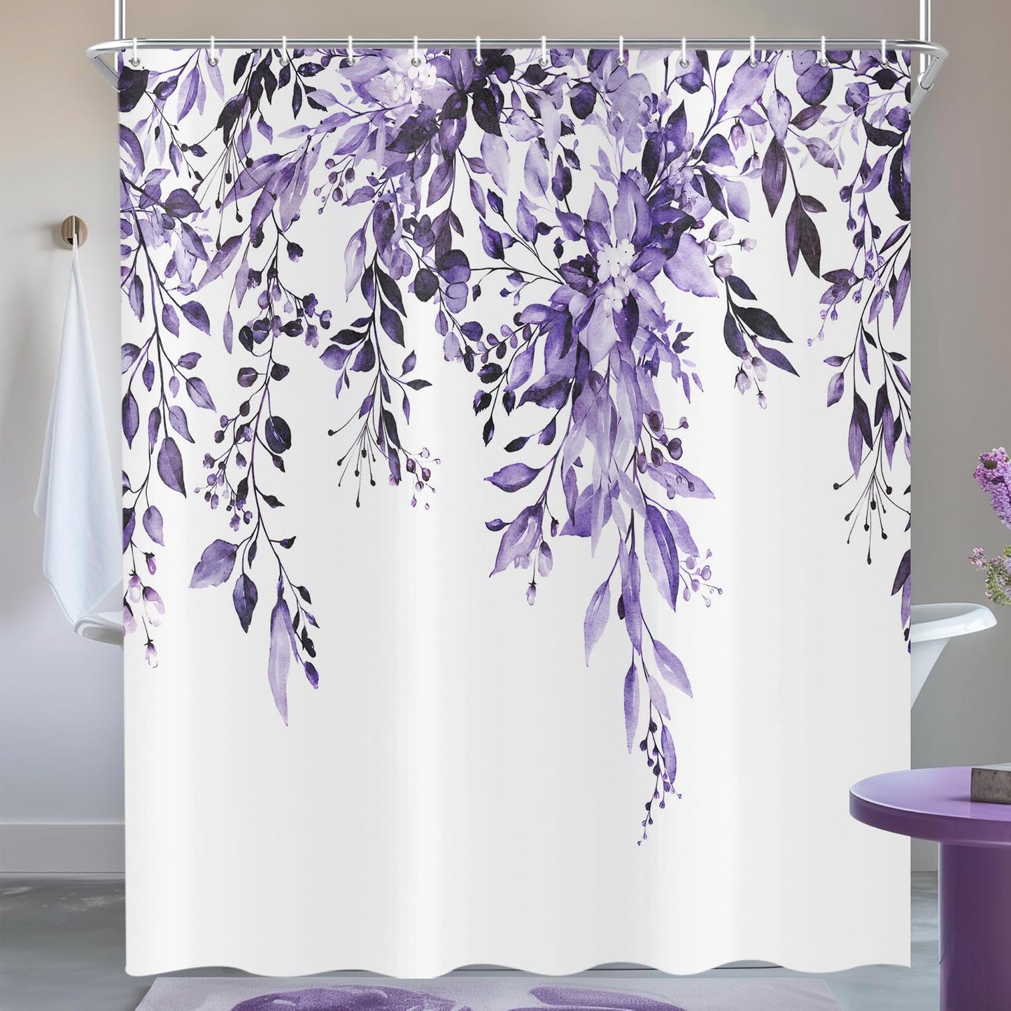 ASDCXZ Purple Eucalyptus Shower Curtain 180x200 cm, Spring Watercolor Eucalyptus Leaves Floral Plants Waterproof Bath Curtain Polyester Textile
