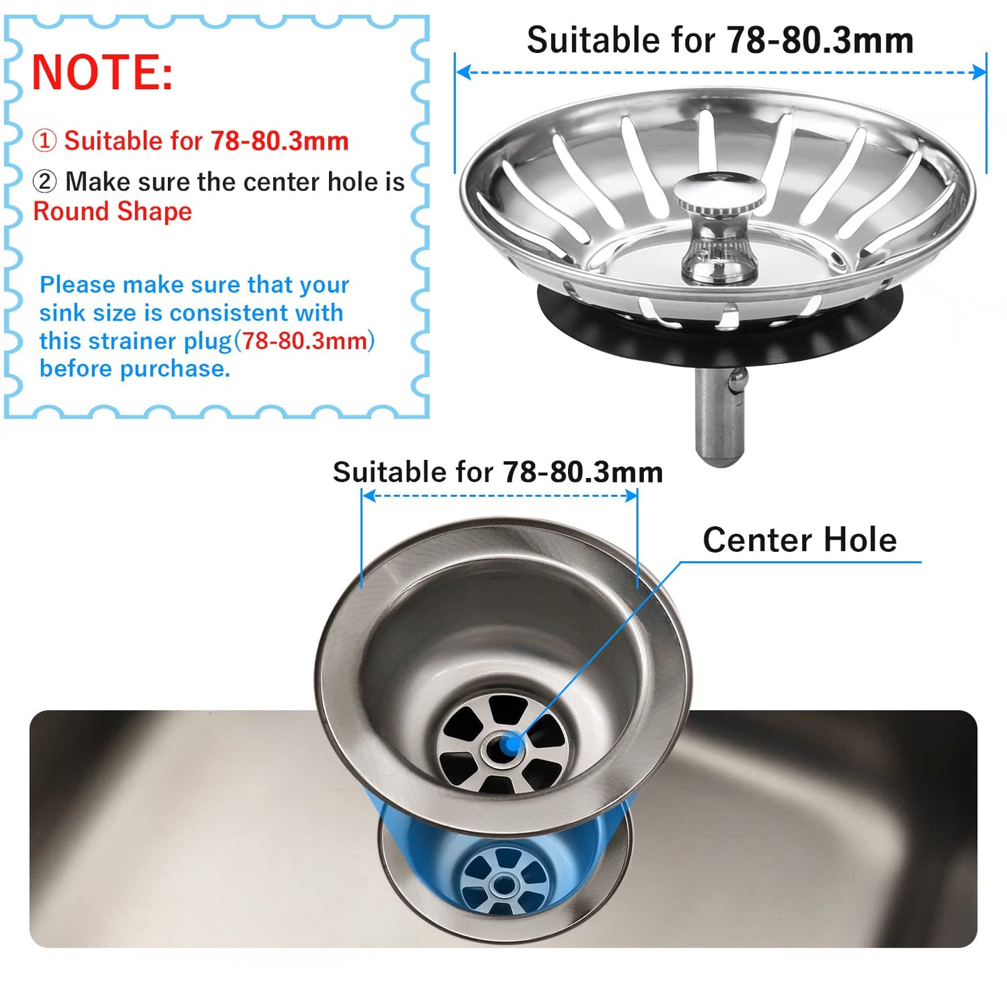 78mm Kitchen Sink Bowl Strainer and Plug, Stainless Steel Sink Plug for Kitchen Bowl Use, Kitchen Bathroom Food Hair Catcher Filter Stopper