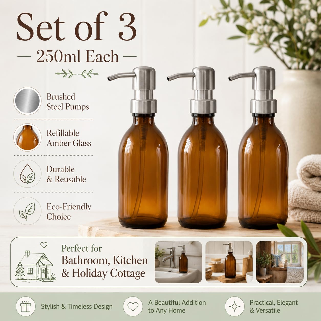 AVALON 250ml Amber Glass Soap Dispenser Bottles with On Trend Metallic Pump - Empty Refillable Containers for Liquid Soaps, Lotions, and More