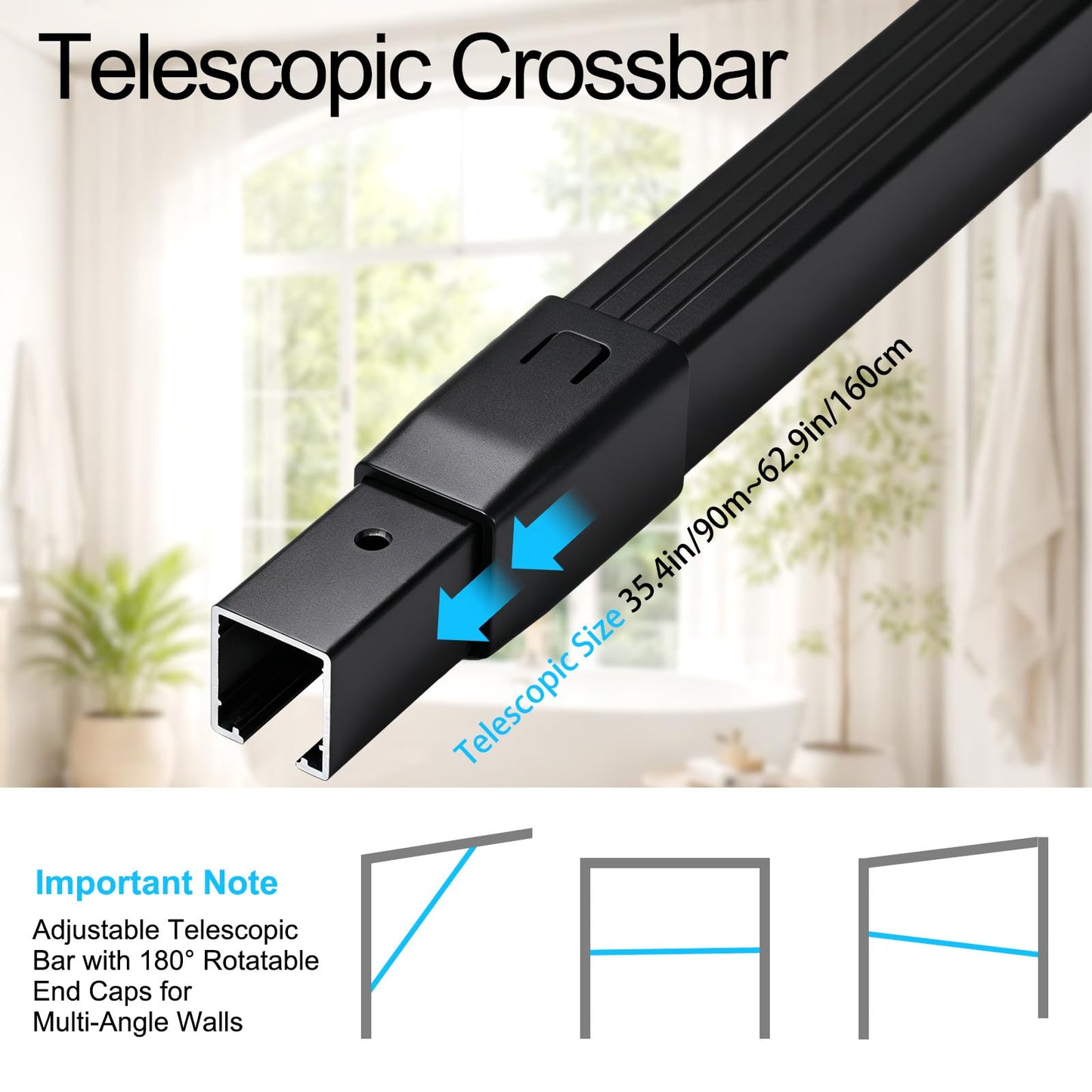 AuraCyzirine Black Shower Curtain pole90-160cm,180° Rotatable Ends,Dual Mount (Self-Adhesive/Screw),Shower Rail for Bathroom, Closet, Window