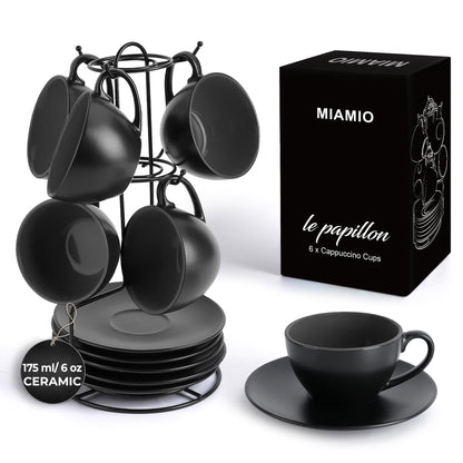 MIAMIO - Set of 6, Ceramic Stackable Cappuccino Cups Set / 175 ml Cappuccino Mugs and Saucer with Metal Stand for Coffee Drinks, Cappuccino, Latte,