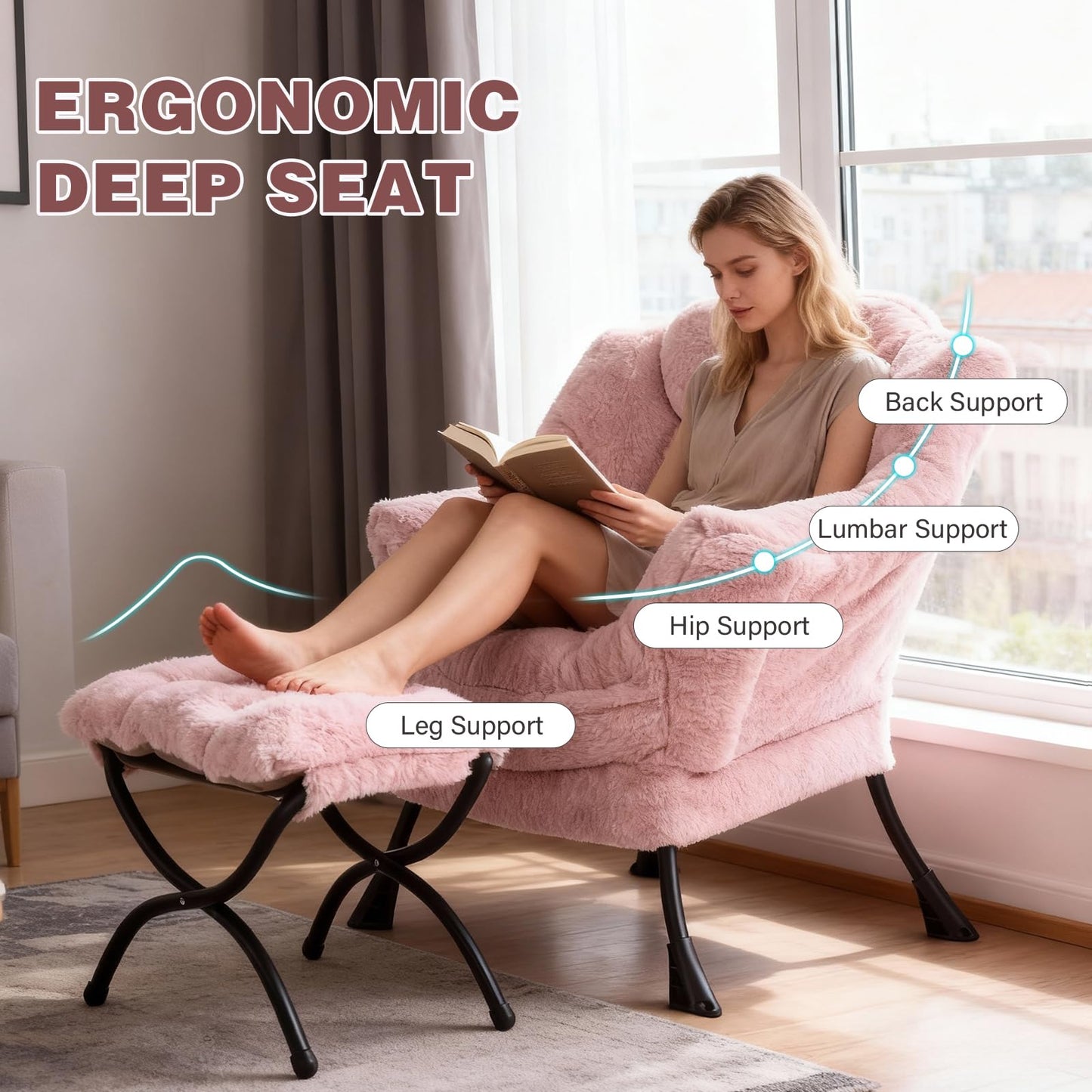 SESHINELL Armchair with Ottoman, Comfy Upholstered Lounge Reading Chair with Side Pocket and Armrests